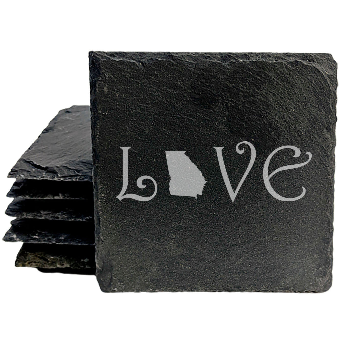 Rustic Slate Coasters Set of 4, Square 4" with 'LOVE' Georgia Design, Perfect for Holidays, Birthdays, Housewarming Gifts, She-Shed or Man Cave, Made in Oregon, USA, Natural Chipped Edge