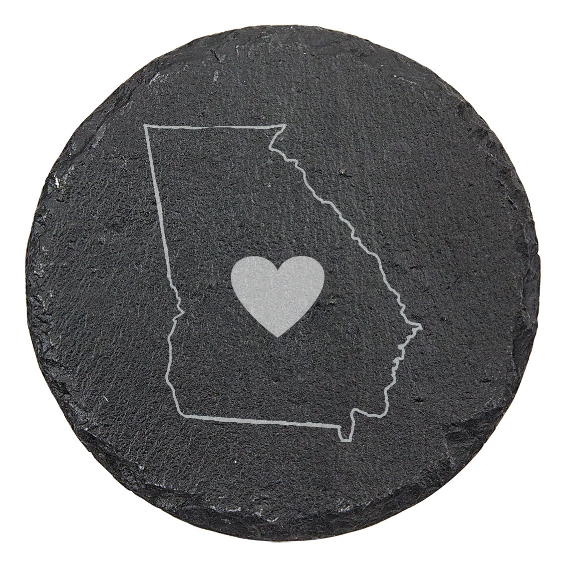 Rustic Slate Coasters Set of 4 - Round 4" with Georgia Heart Design, Laser Etched, Natural Chipped Edge, Rubber Feet, - Perfect for Holidays, Birthdays - Made in Oregon, USA