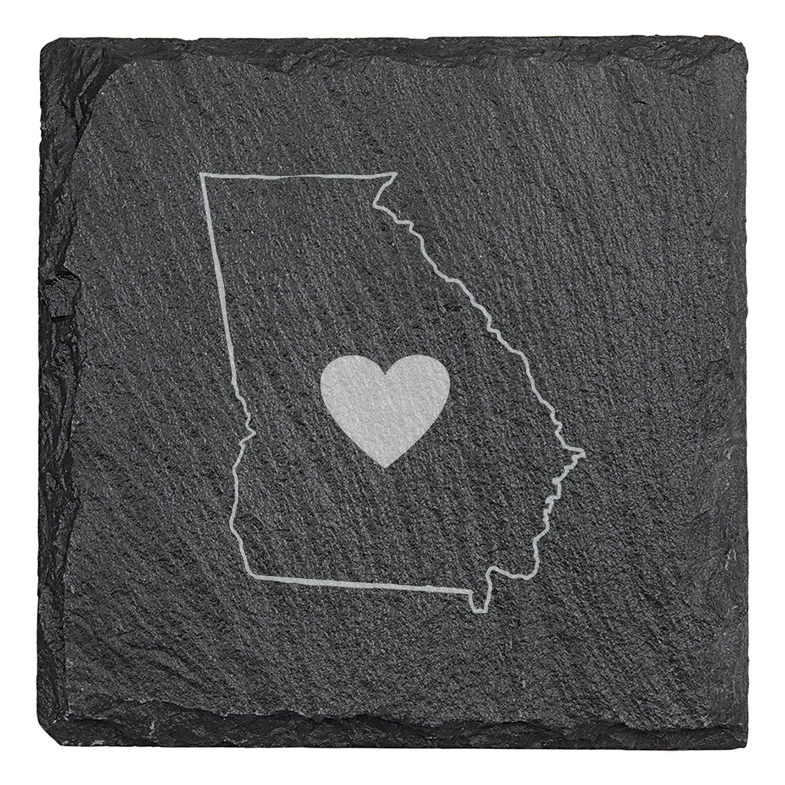 Rustic Slate Coasters Set of 4 - Round 4" with Georgia Heart Design, Laser Etched, Natural Chipped Edge, Rubber Feet, - Perfect for Holidays, Birthdays - Made in Oregon, USA