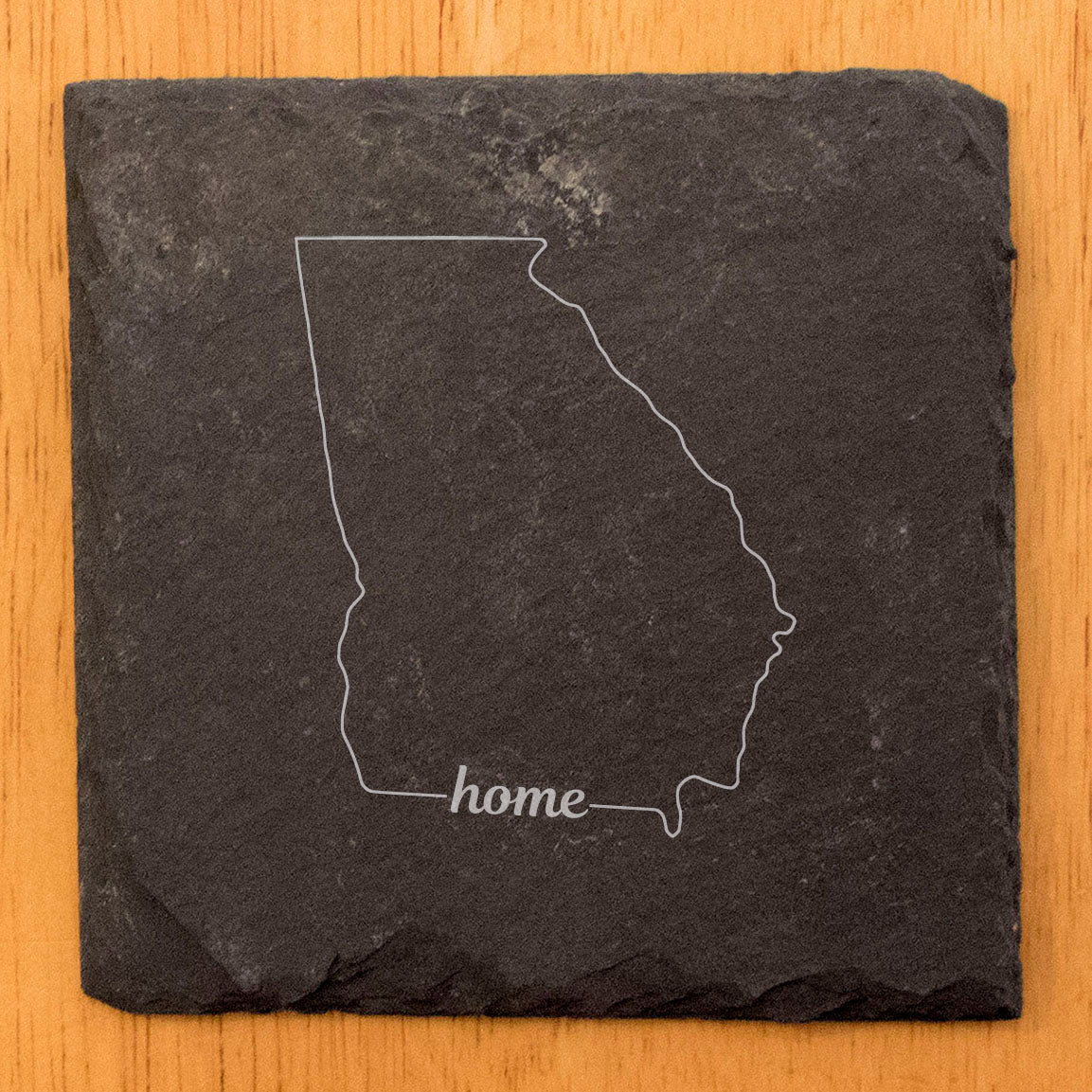 Rustic Slate Coasters Set of 4, Round 4" with Georgia 'Home' Design, Laser Etched, Perfect Gift for Holidays, Birthdays, Housewarming, She-Shed, Man Cave, Made in Oregon, USA, Natural Chipped Edge