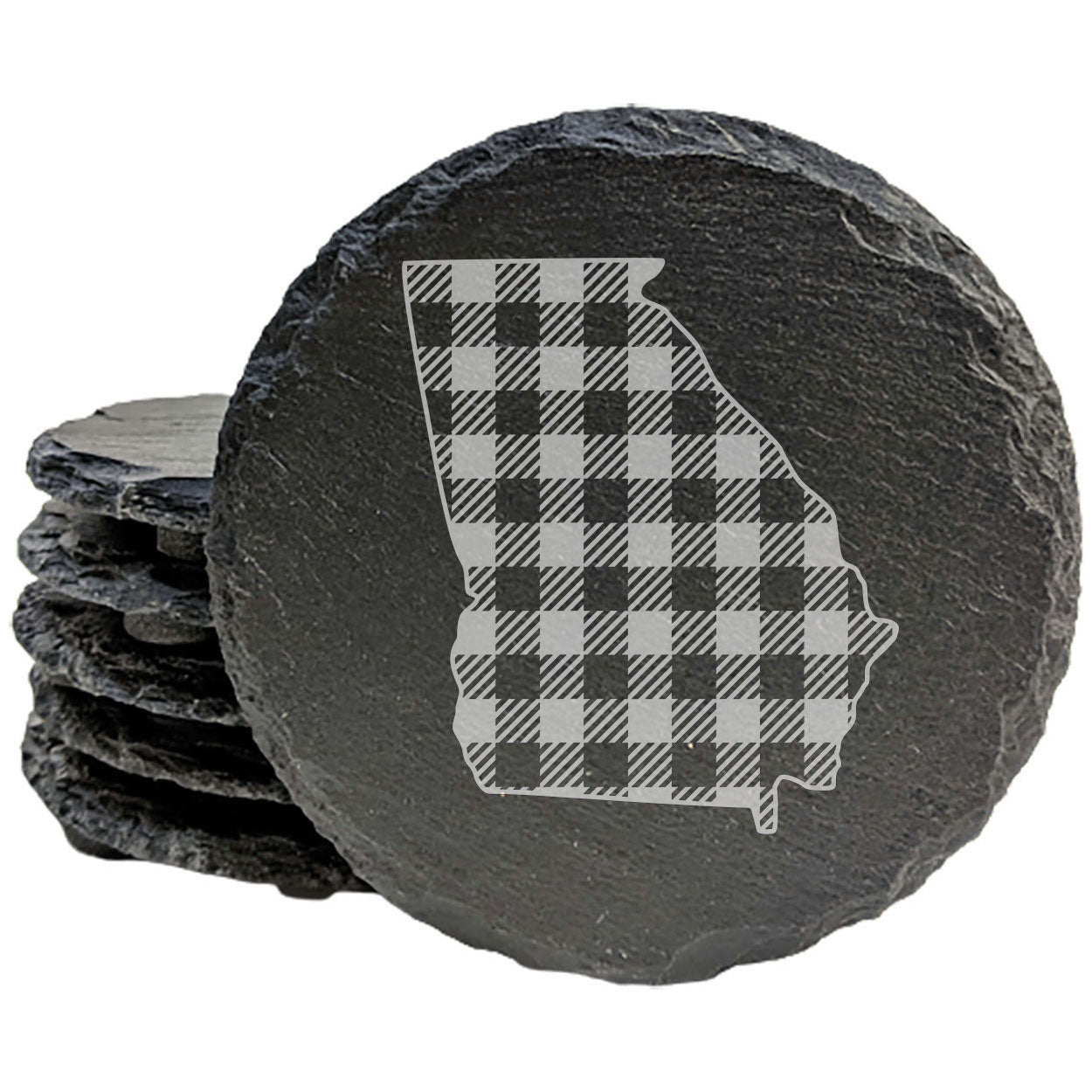 Rustic Slate Coasters Set of 4, Round 4" with Georgia Plaid Design, Laser Etched, Perfect for Holidays, Birthdays, Housewarming Gifts, She-Shed or Man Cave, Made in Oregon, USA, Natural Edge