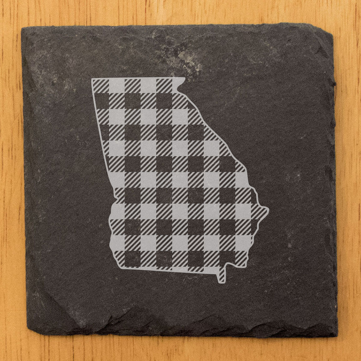 Rustic Slate Coasters Set of 4, Round 4" with Georgia Plaid Design, Laser Etched, Perfect for Holidays, Birthdays, Housewarming Gifts, She-Shed or Man Cave, Made in Oregon, USA, Natural Edge