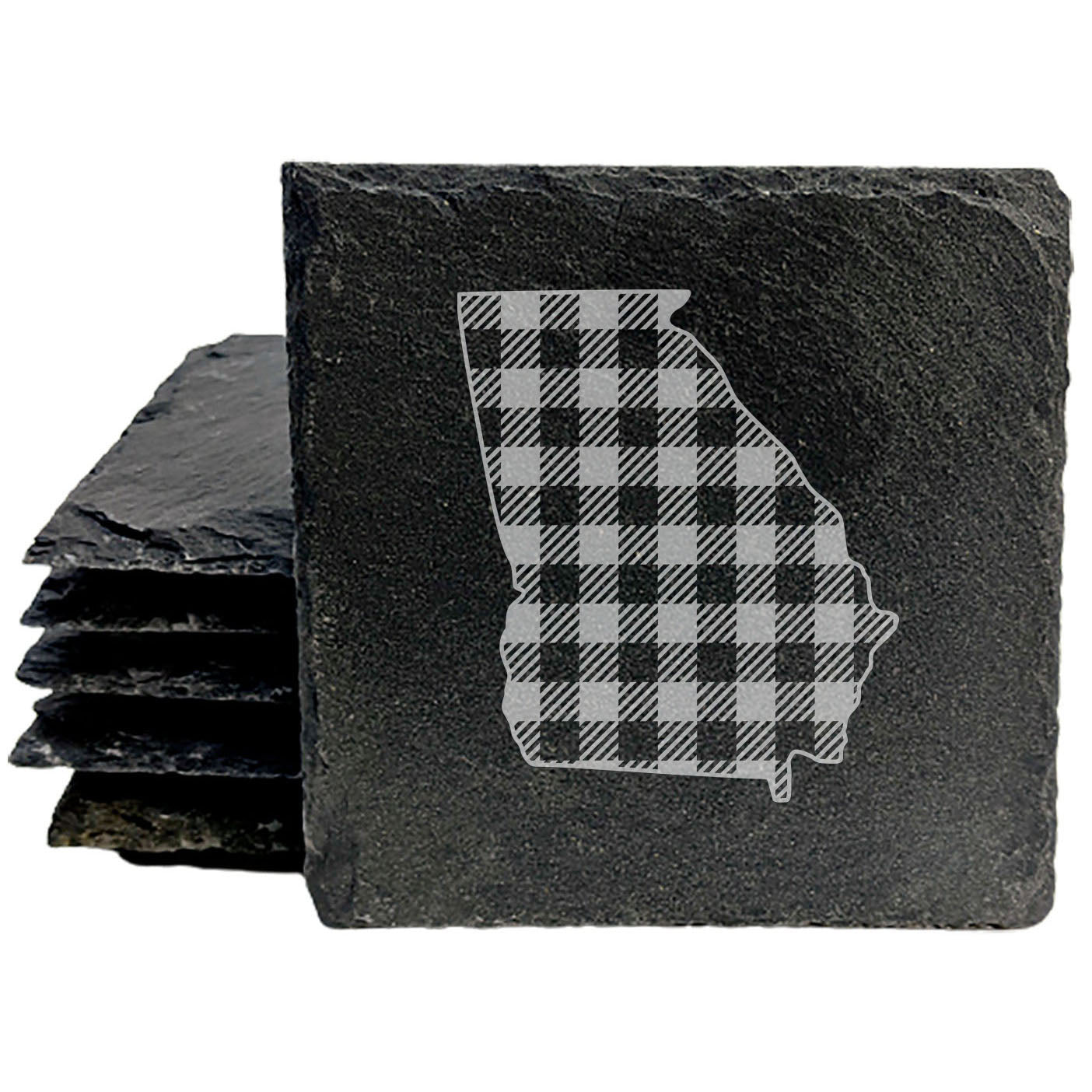 Rustic Slate Coasters Set of 4, Round 4" with Georgia Plaid Design, Laser Etched, Perfect for Holidays, Birthdays, Housewarming Gifts, She-Shed or Man Cave, Made in Oregon, USA, Natural Edge