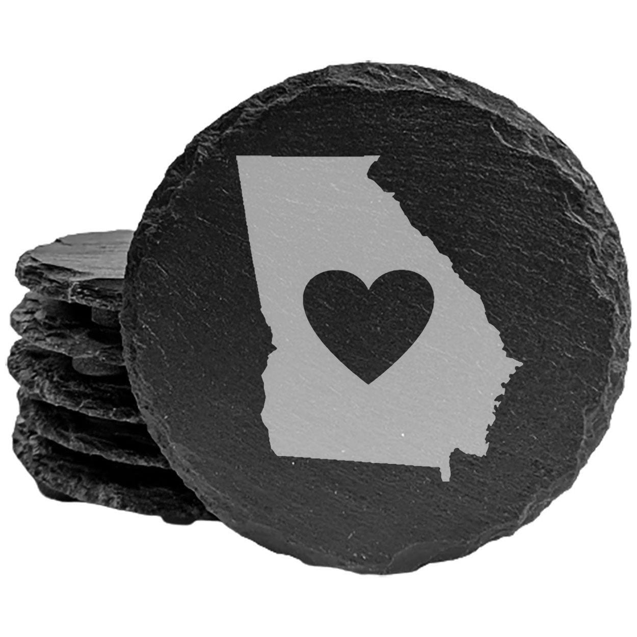 Rustic Slate Coasters Set of 4 - Laser Etched Georgia Design with Heart - Perfect Gift for Holidays, Birthdays, Housewarming - 4" Round, Natural Chipped Edge, Rubber Feet - Made in Oregon, USA