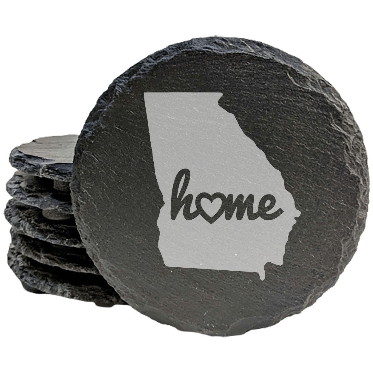 Rustic Slate Coasters Set of 4, Round 4" with Georgia 'Home' Heart Design, Perfect for Holidays, Birthdays, Housewarming Gifts, She-Shed or Man Cave, Made in Oregon, USA by Small Business