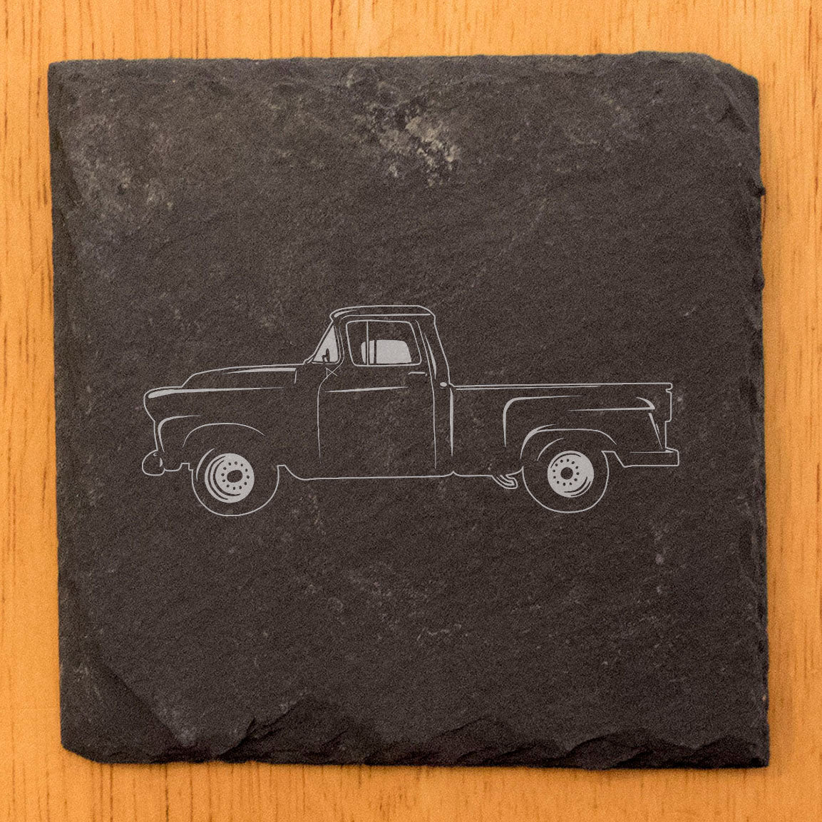 Vintage-Inspired Rustic Slate Coasters Set with Laser-Etched 1950 GMC 100 Pickup Design - Home Decor & Drink Protection for Classic Car Enthusiasts