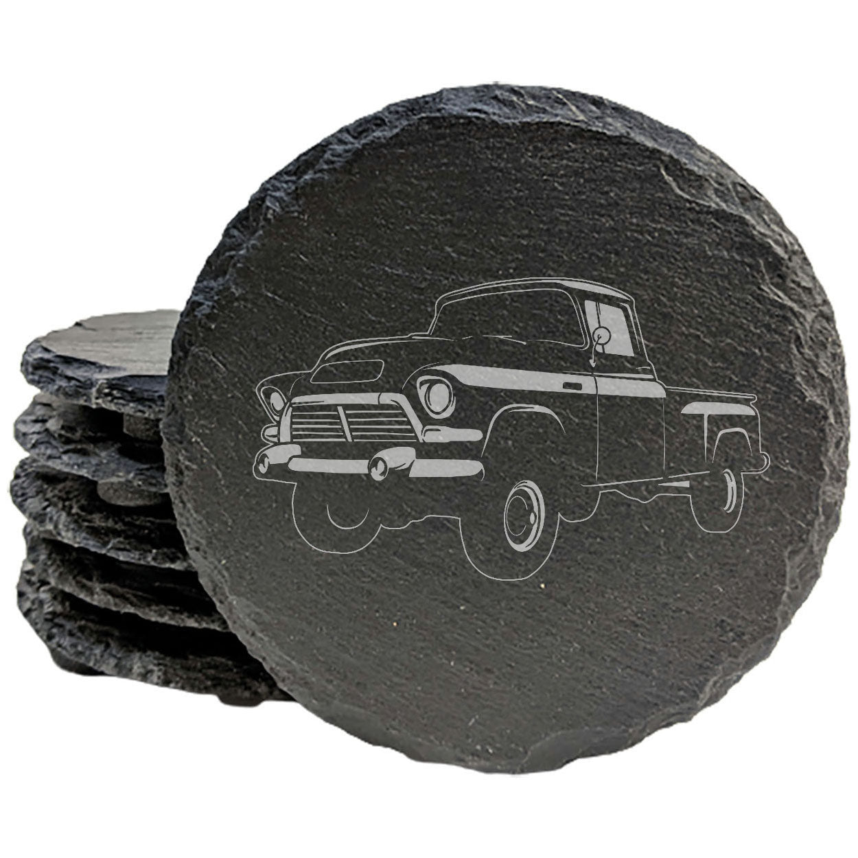 Premium Rustic Slate Coasters Set with Laser-Etched GMC 100 Pickup Design | Stylish Drink Coasters for Home Decor and Car Enthusiasts