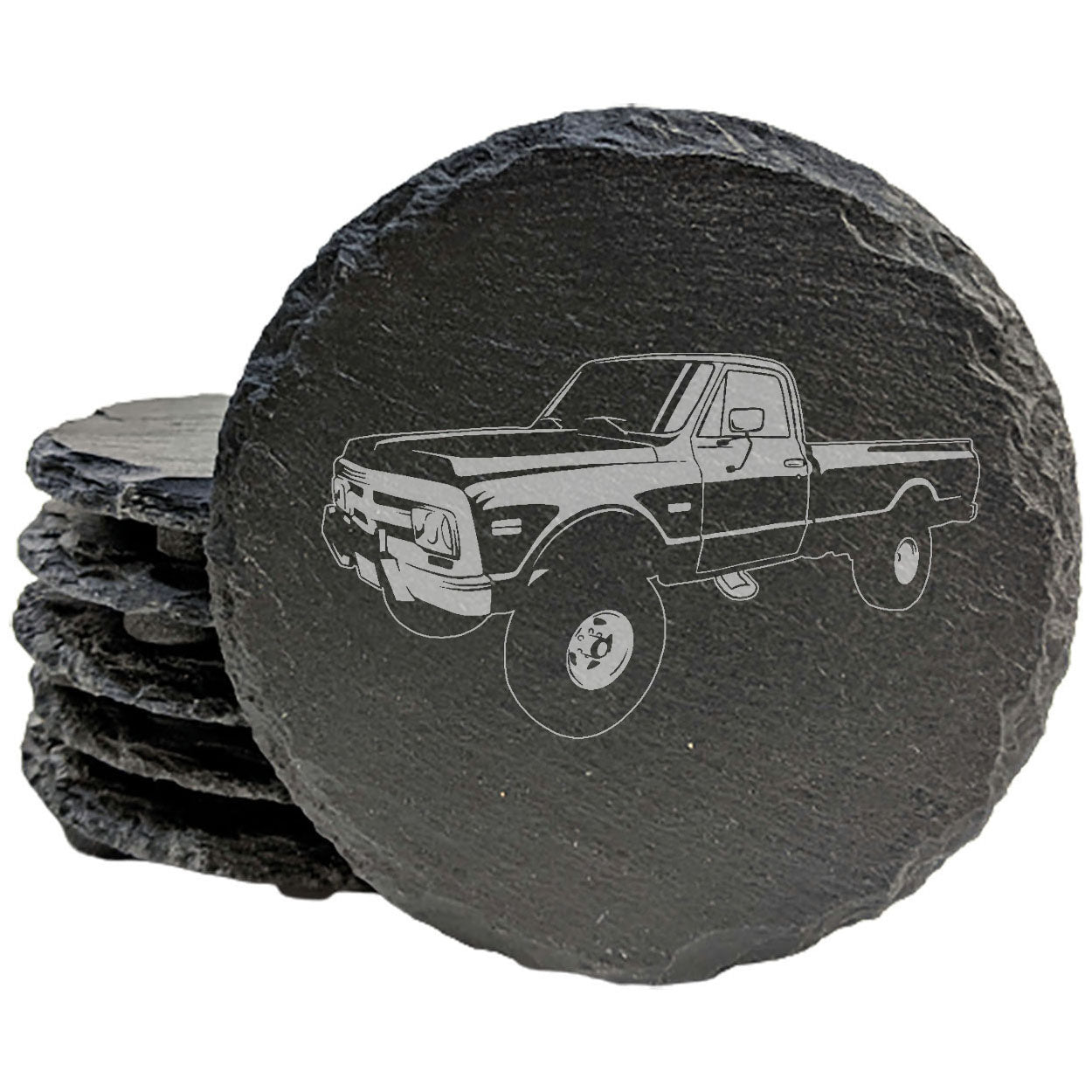 Premium Rustic Slate Coasters Set with Laser-Etched 1970 GMC Pickup Design | Stylish Drink Coasters for Home Decor and Gifts