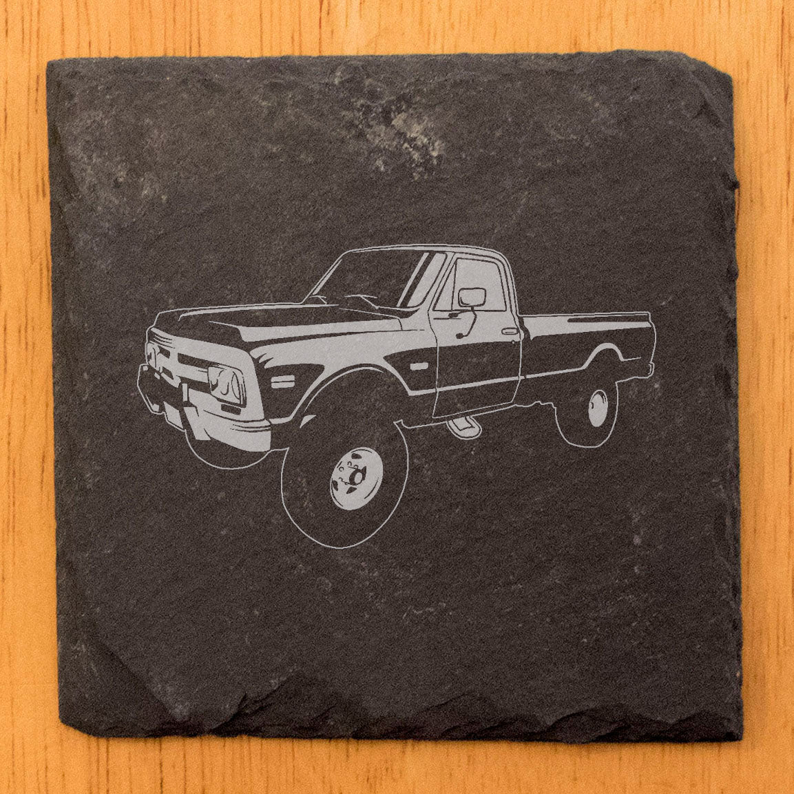 Premium Rustic Slate Coasters Set with Laser-Etched 1970 GMC Pickup Design | Stylish Drink Coasters for Home Decor and Gifts