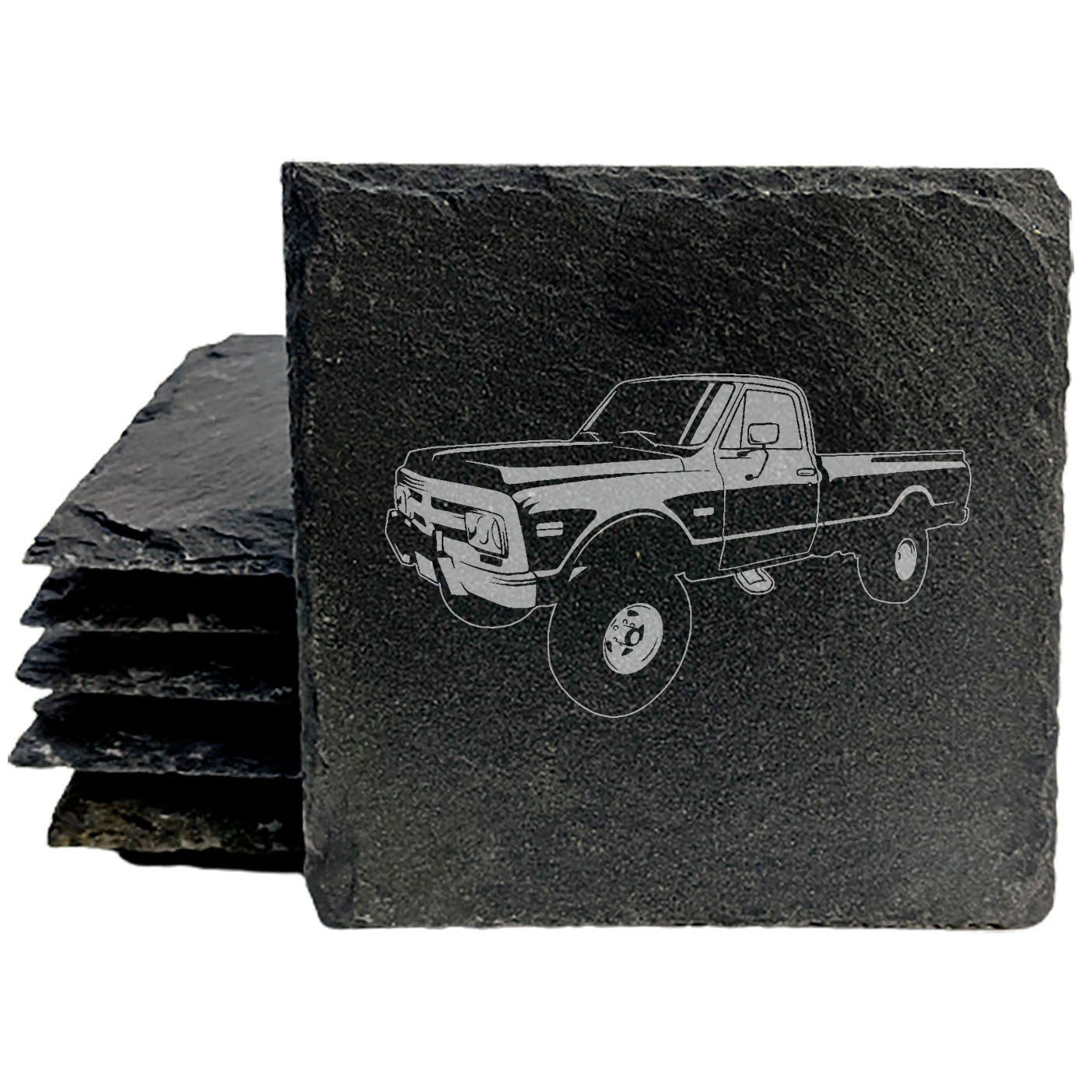 Premium Rustic Slate Coasters Set with Laser-Etched 1970 GMC Pickup Design | Stylish Drink Coasters for Home Decor and Gifts