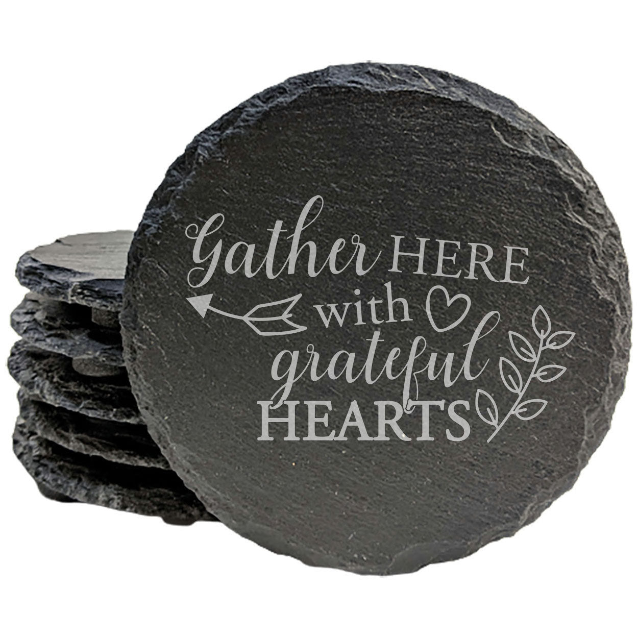 Rustic Slate Coasters: Inspirational Quote - Gather Here With Grateful Hearts