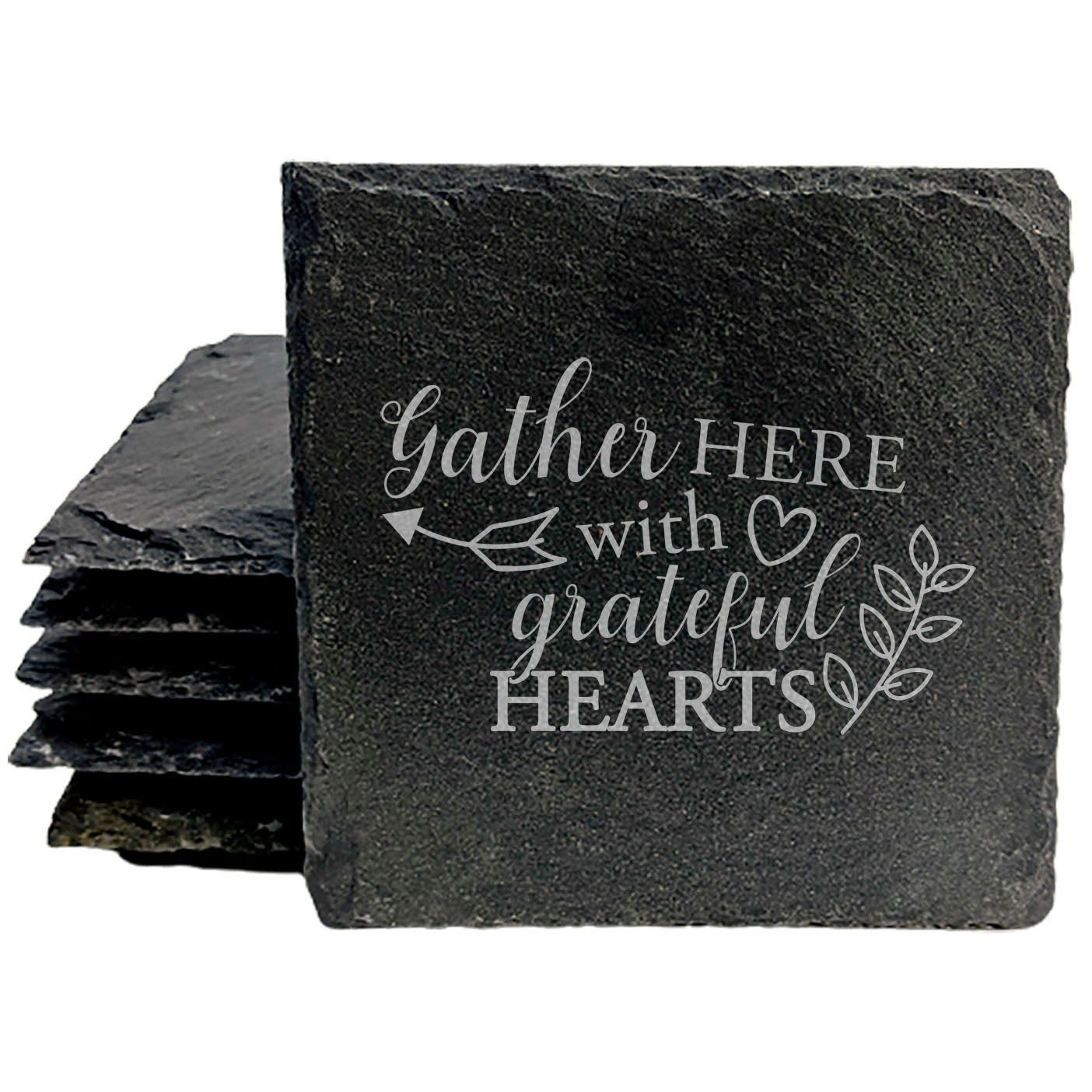 Rustic Slate Coasters: Inspirational Quote - Gather Here With Grateful Hearts