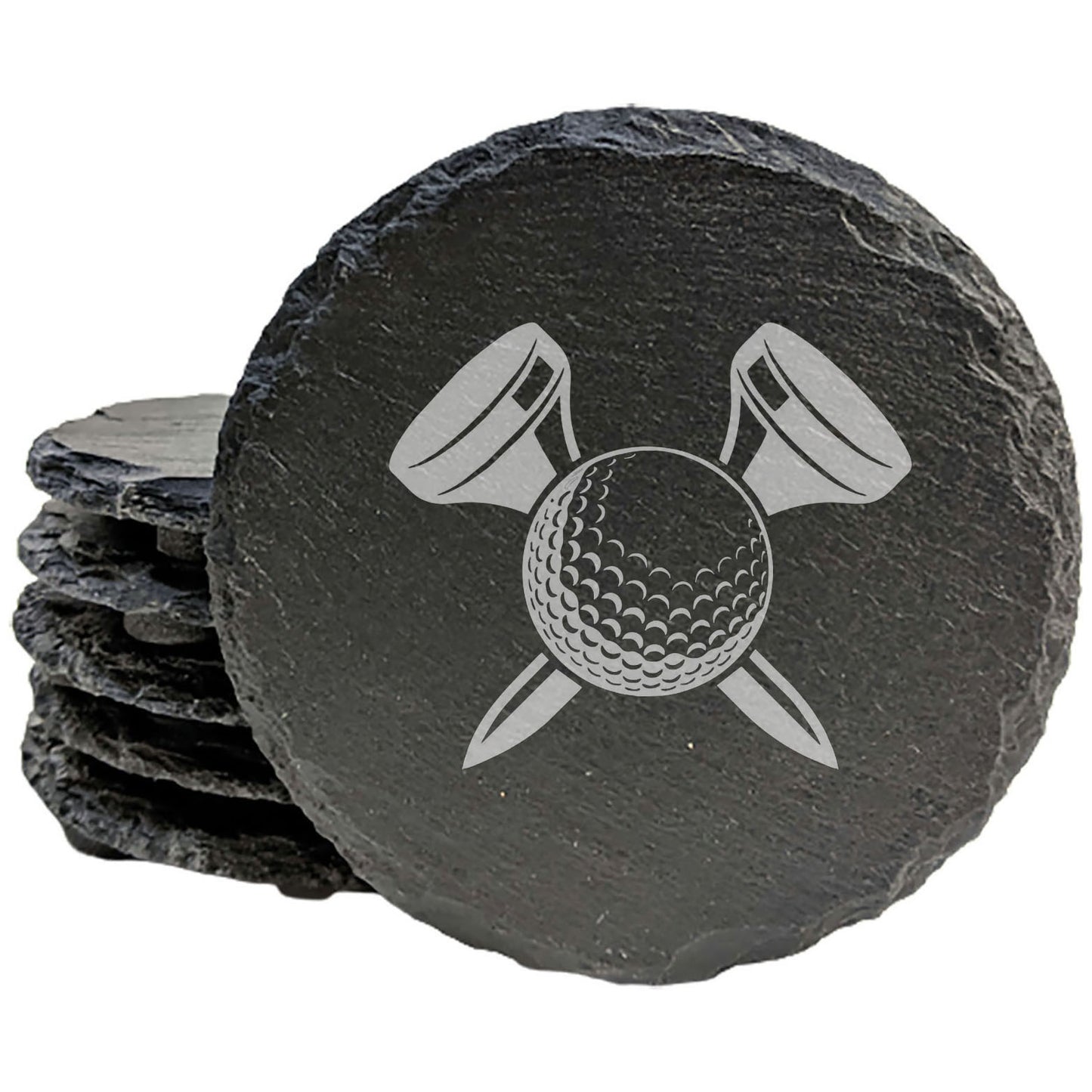 Laser Etched Slate Coasters: Golfer Gift - "Fore!" With Ball & Tees