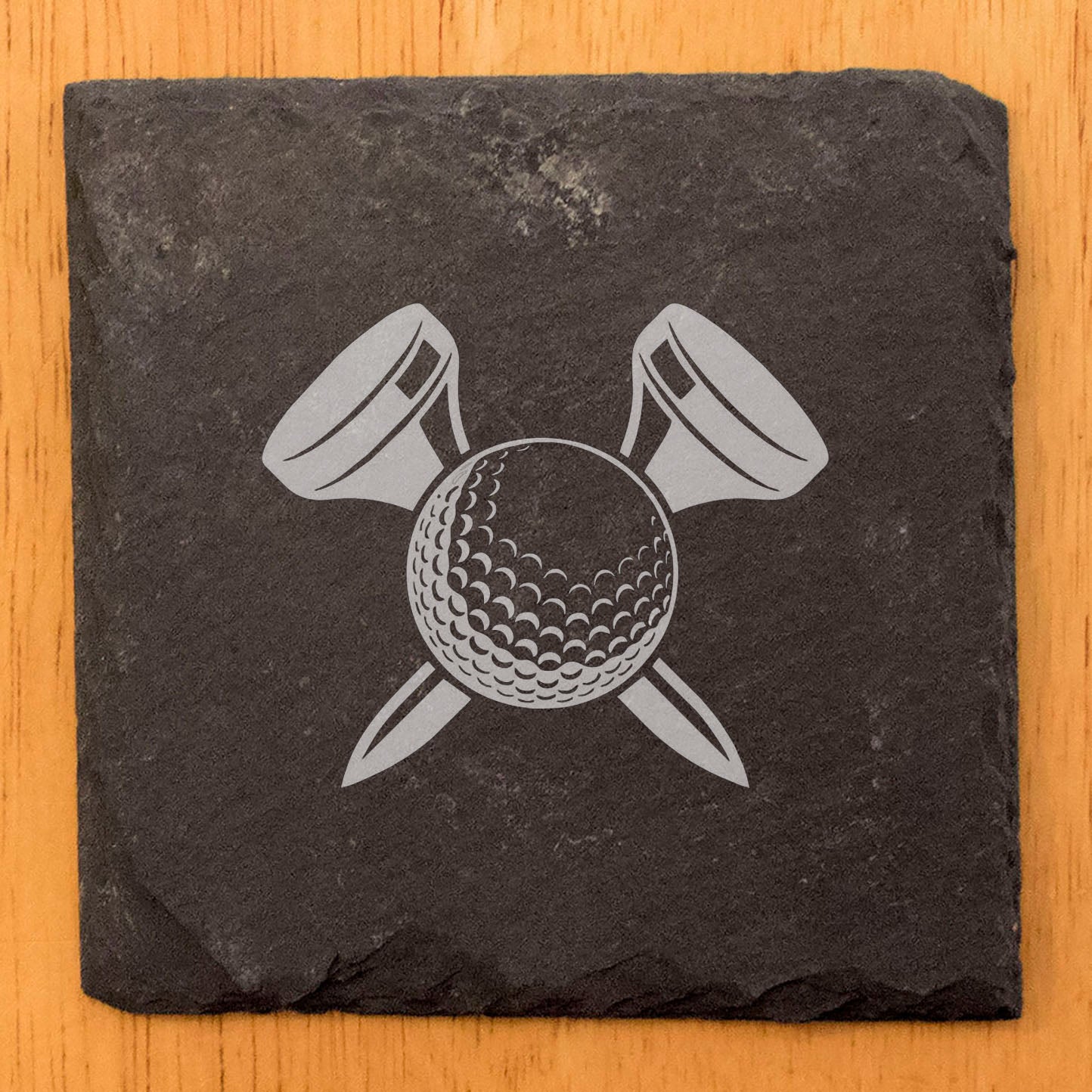 Laser Etched Slate Coasters: Golfer Gift - "Fore!" With Ball & Tees
