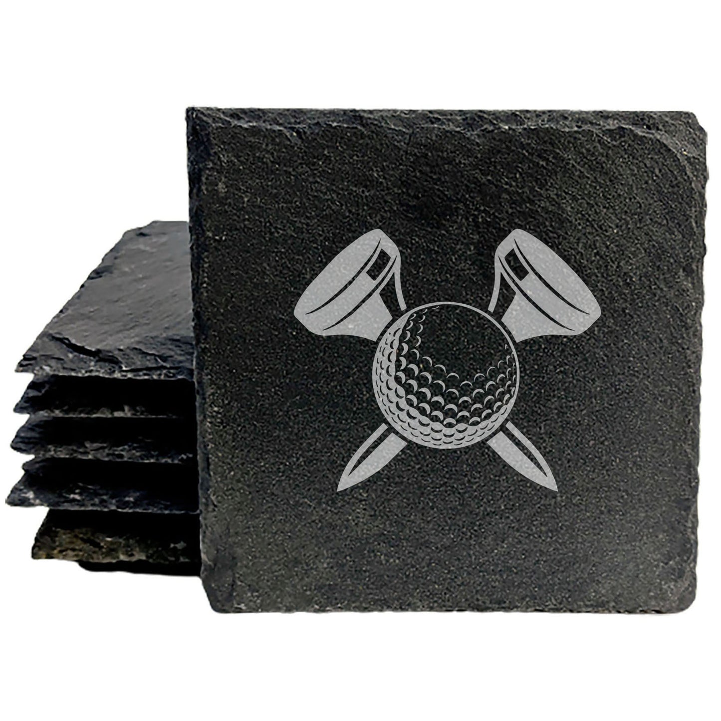 Laser Etched Slate Coasters: Golfer Gift - "Fore!" With Ball & Tees