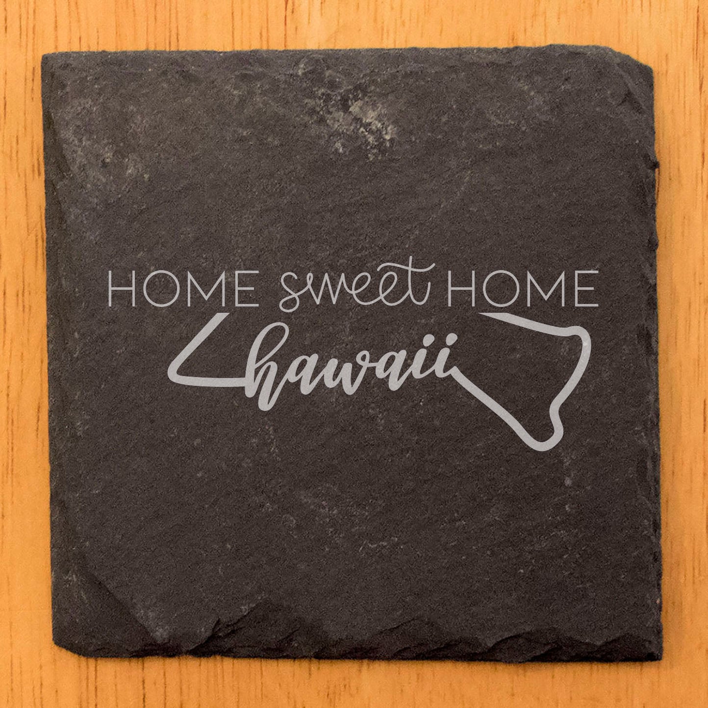Rustic Slate Coasters Set of 4 - 4" Round, Laser Etched 'Home Sweet Home' Hawaii Design, Natural Chipped Edge, Rubber Feet, - Perfect for Holidays, Birthdays, Housewarming!
