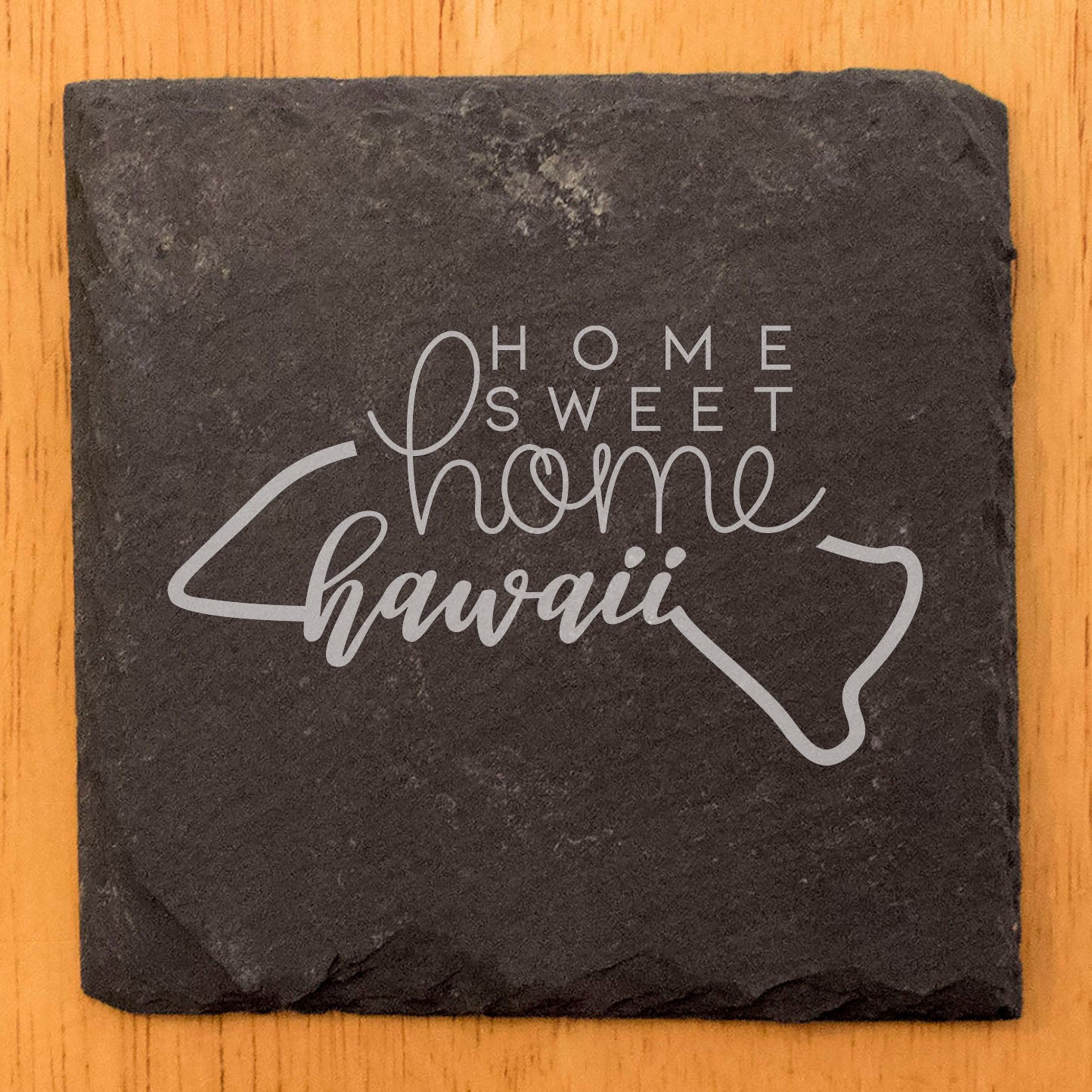 Rustic Slate Coasters Set of 4, Round 4" with Hawaii Design, 'Home Sweet Home' Laser Etched, Perfect Gift for Holidays, Birthdays, Housewarming, Made in Oregon, USA, Natural Chipped Edge
