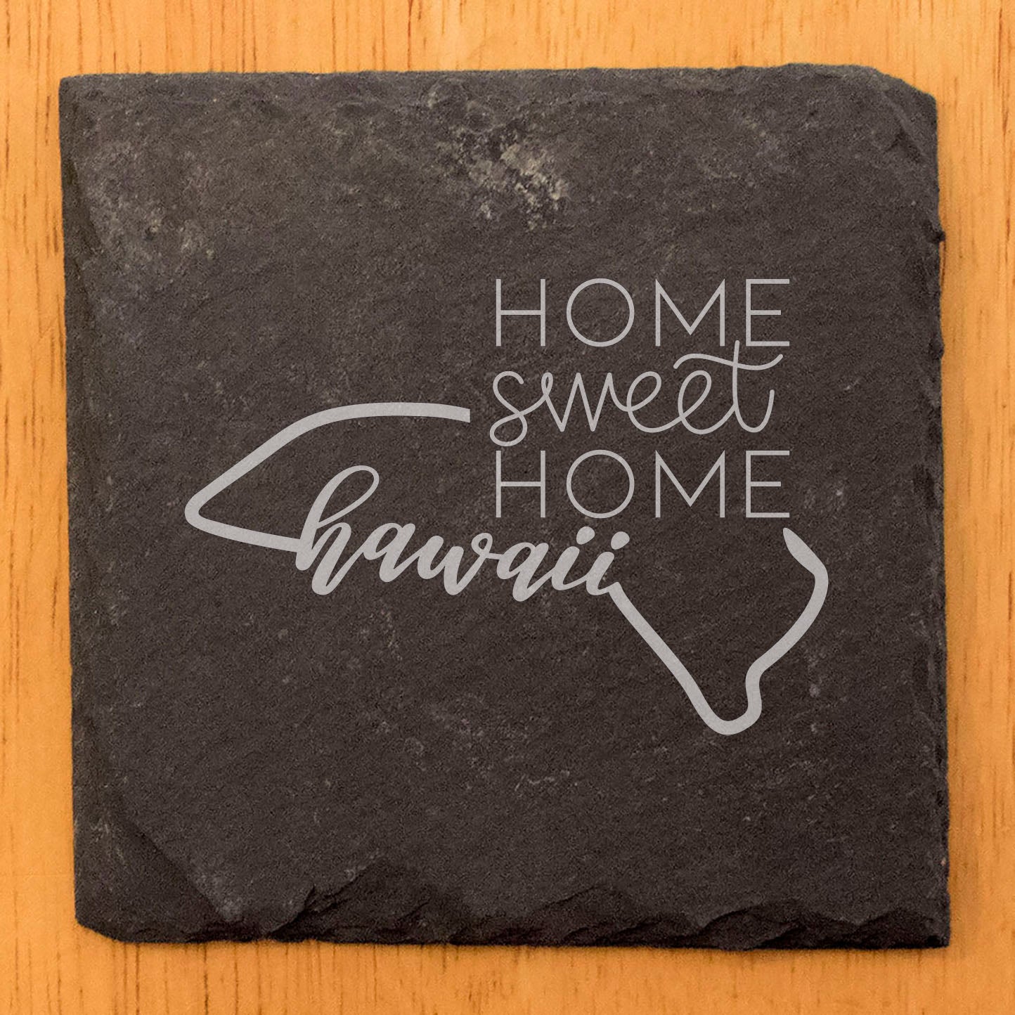Rustic Slate Coasters Set of 4, 4" Round, Laser Etched Hawaii Design, 'Home Sweet Home' Text, Perfect Gift for Holidays, Birthdays, Housewarming, Made in Oregon, USA, Natural Chipped Edge