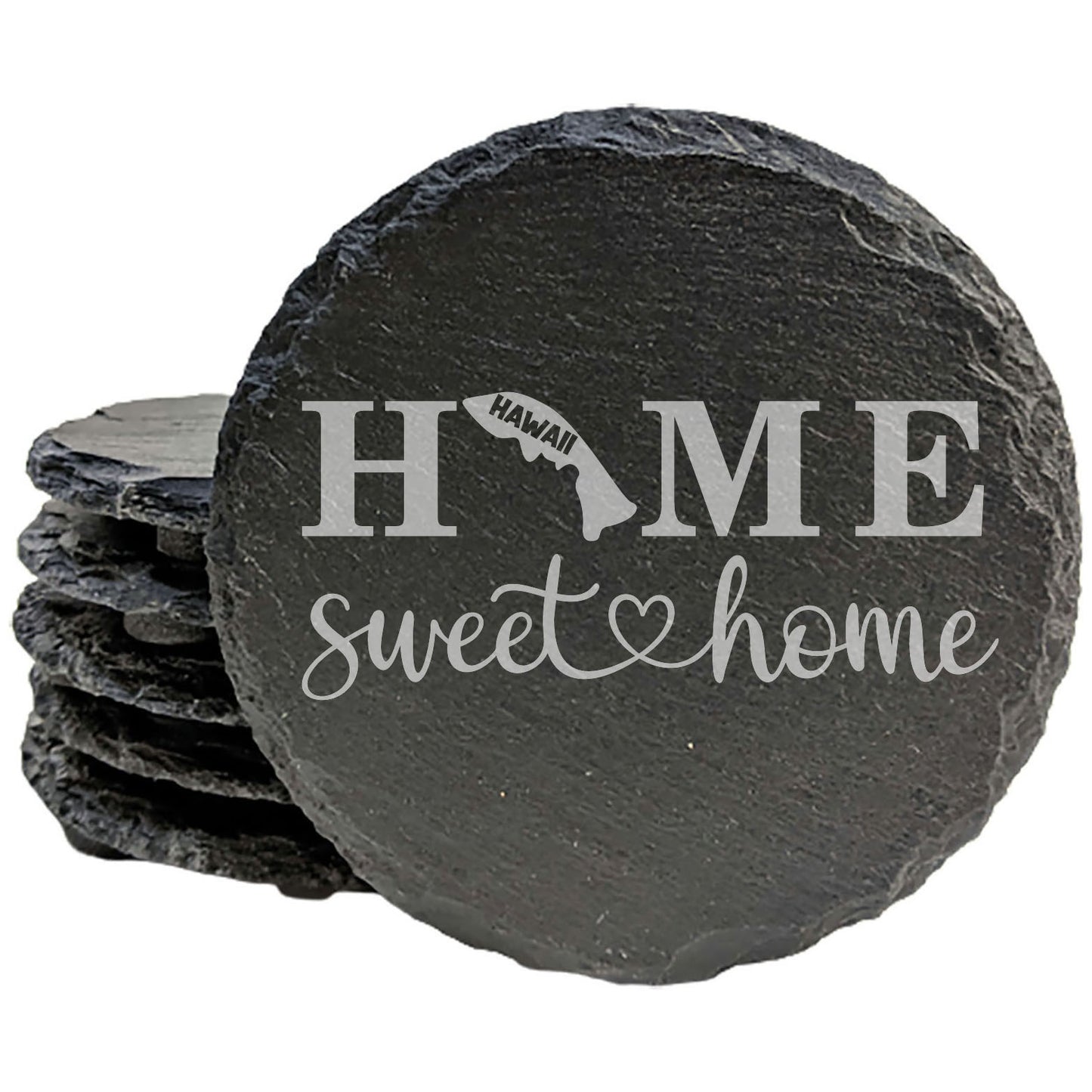 Rustic Slate Coasters Set of 4, Round 4" with 'HOME SWEET HOME' Hawaii Design, Perfect Gift for Holidays, Birthdays, Housewarming, She-Shed, Man Cave, Made in Oregon, USA, Natural Chipped Edge