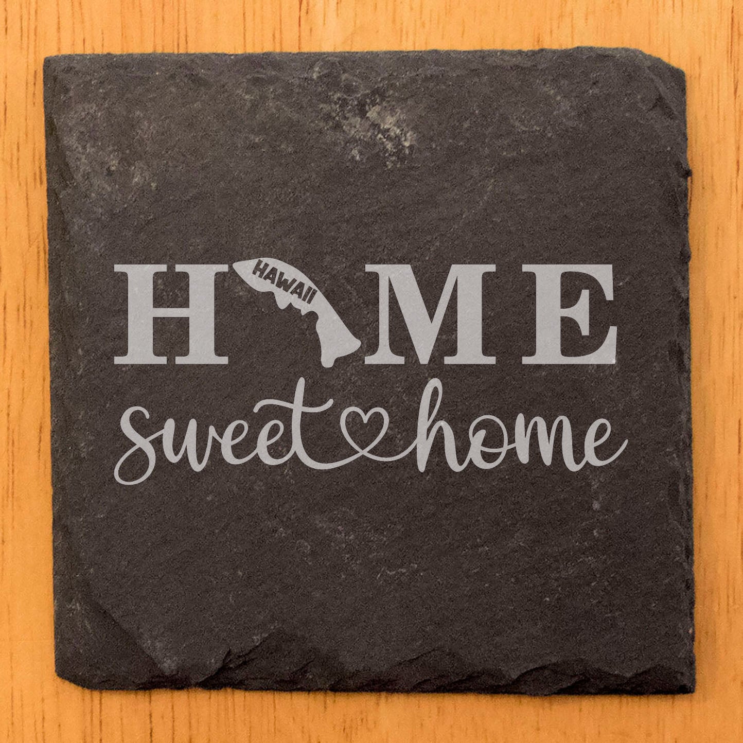 Rustic Slate Coasters Set of 4, Round 4" with 'HOME SWEET HOME' Hawaii Design, Perfect Gift for Holidays, Birthdays, Housewarming, She-Shed, Man Cave, Made in Oregon, USA, Natural Chipped Edge