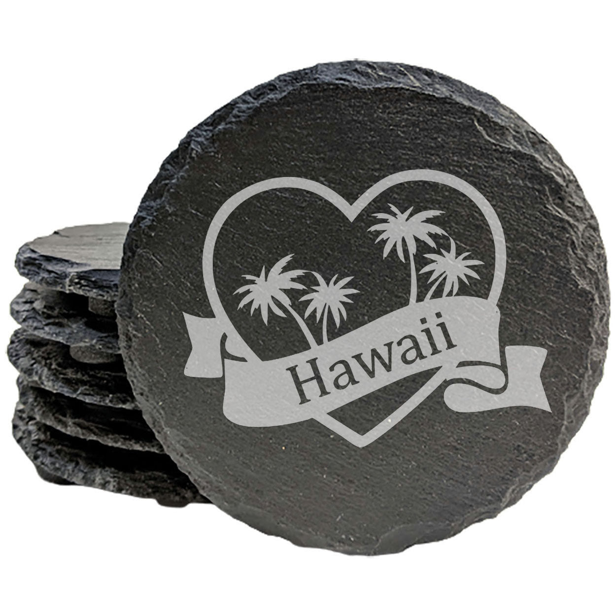 Rustic Slate Coasters Set of 4, Laser Etched Hawaii Design, Heart Center, 4" Round, Natural Chipped Edge, Rubber Feet, , Perfect for Holidays, Birthdays, Housewarming, Made in USA