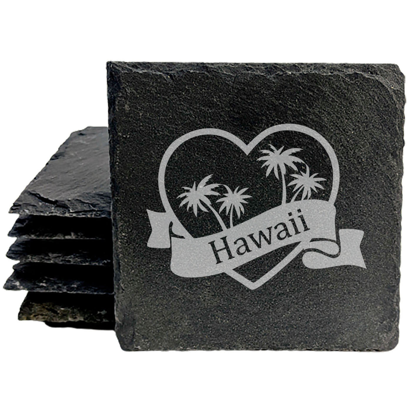 Rustic Slate Coasters Set of 4, Laser Etched Hawaii Design, Heart Center, 4" Round, Natural Chipped Edge, Rubber Feet, , Perfect for Holidays, Birthdays, Housewarming, Made in USA