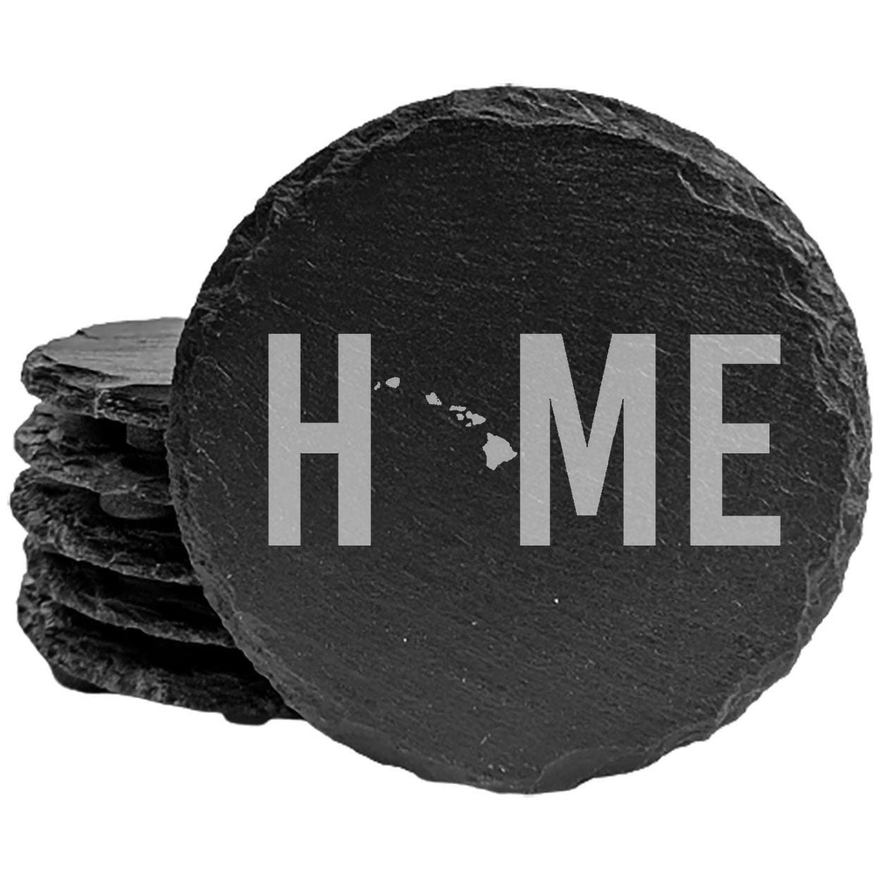 Rustic Slate Coasters Set of 4, Round 4" with Hawaii 'Home' Heart Design, Perfect for Holidays, Birthdays, Housewarming Gifts, She-Shed or Man Cave, Made in Oregon, USA, Natural Chipped Edge