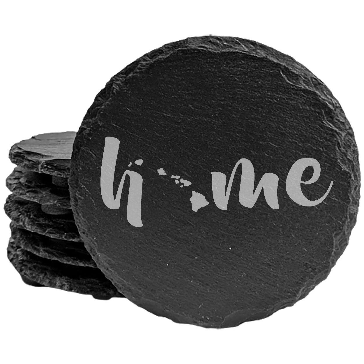 Rustic Slate Coasters Set of 4 - Laser Etched 'Home' Design with Hawaii State - Perfect Gift for Holidays, Birthdays, Housewarming - 4" Round/Square - Made in Oregon, USA - Natural Chipped Edge