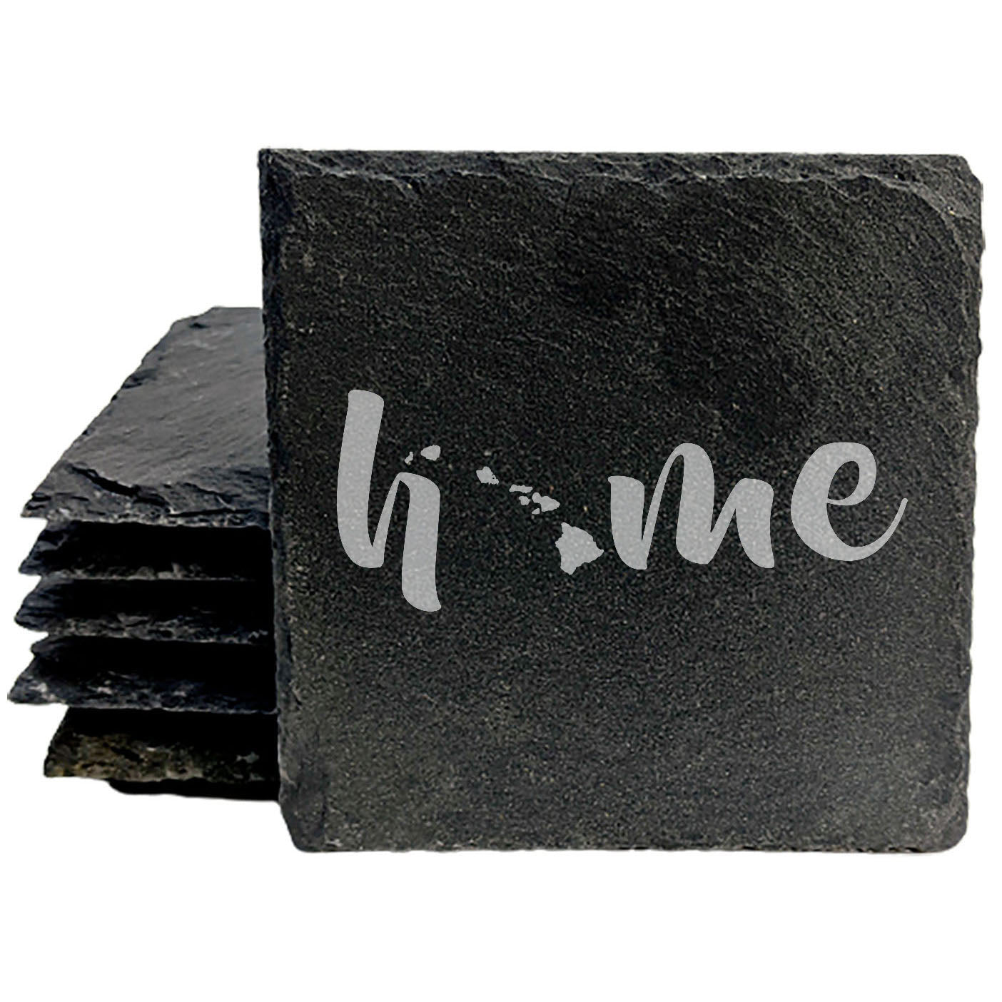 Rustic Slate Coasters Set of 4 - Laser Etched 'Home' Design with Hawaii State - Perfect Gift for Holidays, Birthdays, Housewarming - 4" Round/Square - Made in Oregon, USA - Natural Chipped Edge