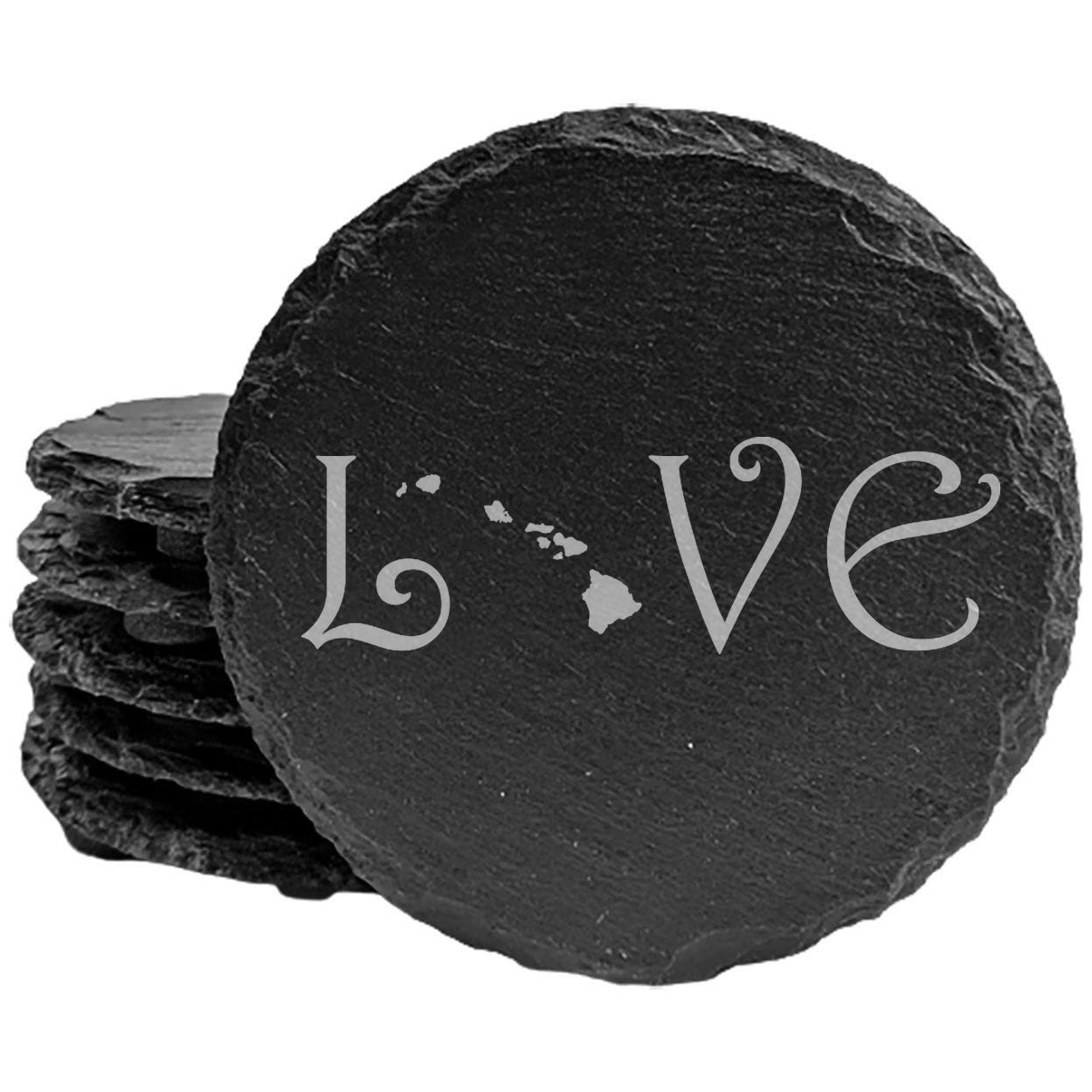 Rustic Slate Coasters Set of 4, Round 4" with 'LOVE' Hawaii Design, Perfect for Holidays, Birthdays, Housewarming Gifts, She-Shed or Man Cave, Made in Oregon, USA, Natural Chipped Edge, Rubber Feet