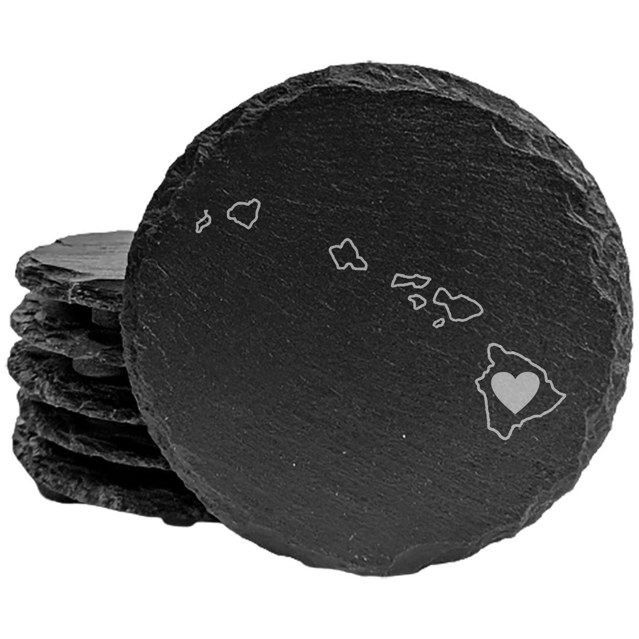 Rustic Slate Coasters Set of 4, Round 4" with Hawaii Heart Design, Laser Etched, Perfect for Holidays, Birthdays, Housewarming, She-Shed, Man Cave, Made in Oregon, USA,