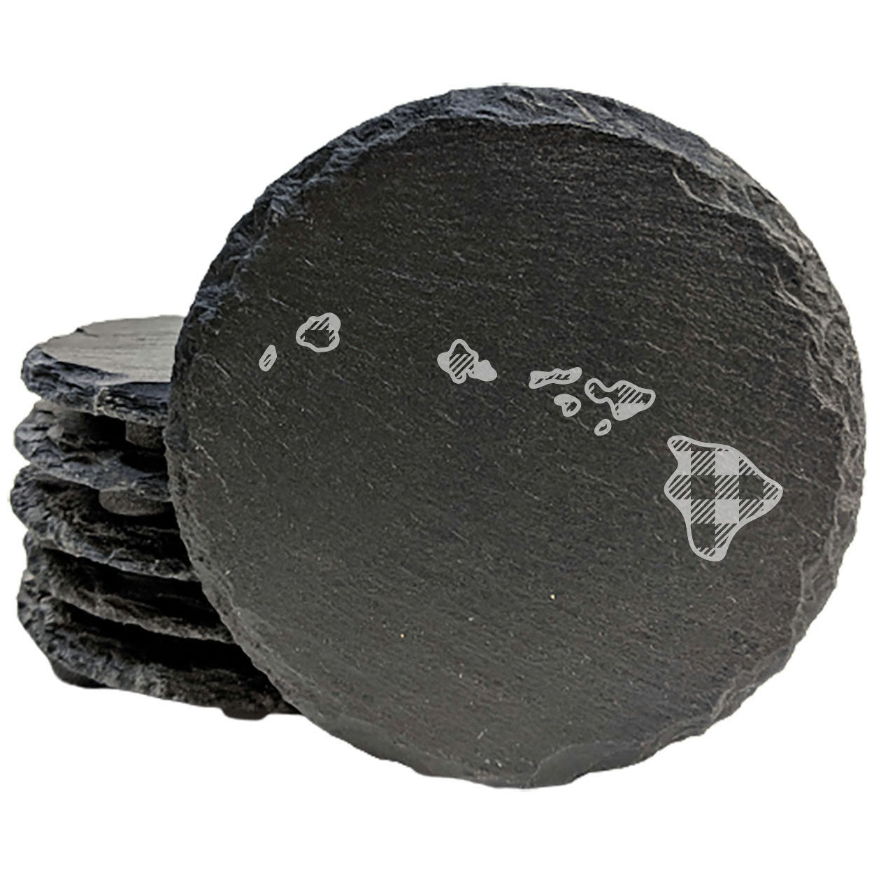 Rustic Slate Coasters Set of 4, Round 4" with Hawaii Plaid Design, Laser Etched, Natural Chipped Edge, Rubber Feet, , Perfect for She-Shed, Man Cave, Made in Oregon, USA