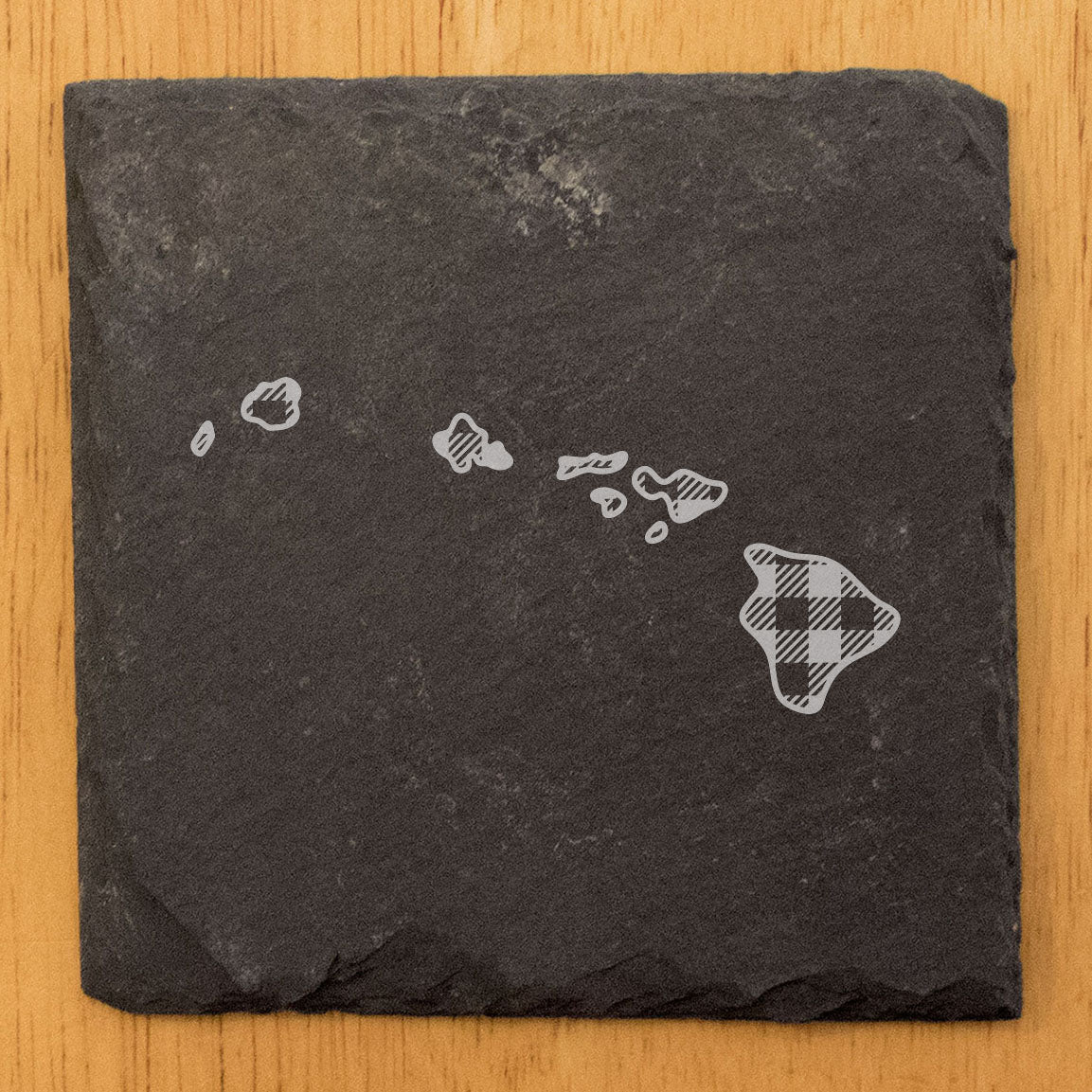 Rustic Slate Coasters Set of 4, Round 4" with Hawaii Plaid Design, Laser Etched, Natural Chipped Edge, Rubber Feet, , Perfect for She-Shed, Man Cave, Made in Oregon, USA