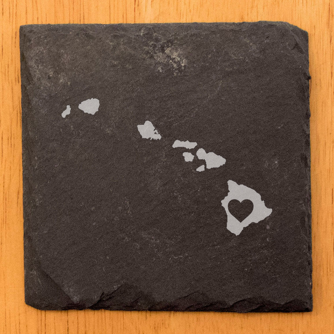 Rustic Slate Coasters Set of 4, Round 4" with Hawaii Heart Design, Laser Etched, Natural Chipped Edge, Rubber Feet, , Perfect for Holidays, Birthdays, Housewarming, Made in USA