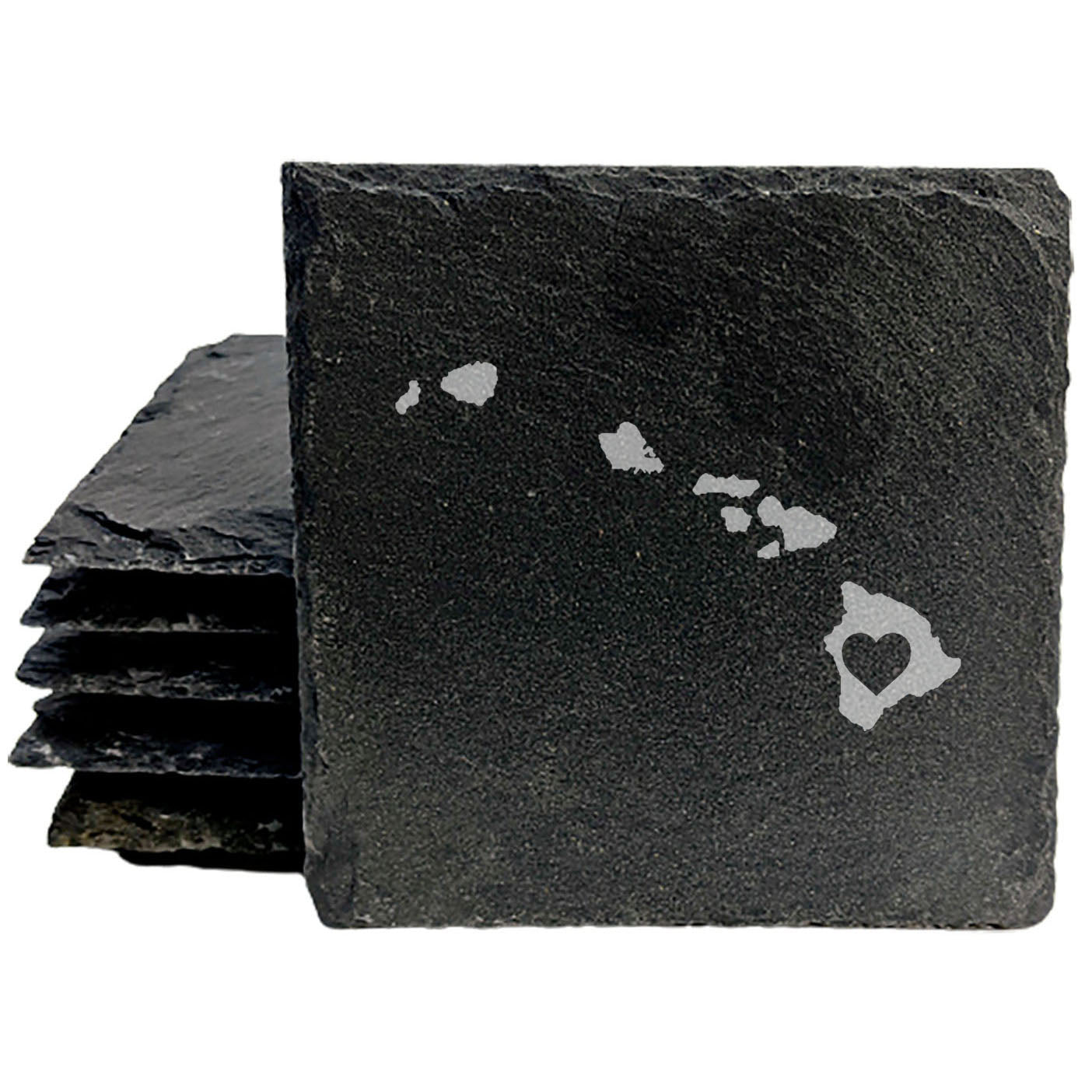 Rustic Slate Coasters Set of 4, Round 4" with Hawaii Heart Design, Laser Etched, Natural Chipped Edge, Rubber Feet, , Perfect for Holidays, Birthdays, Housewarming, Made in USA