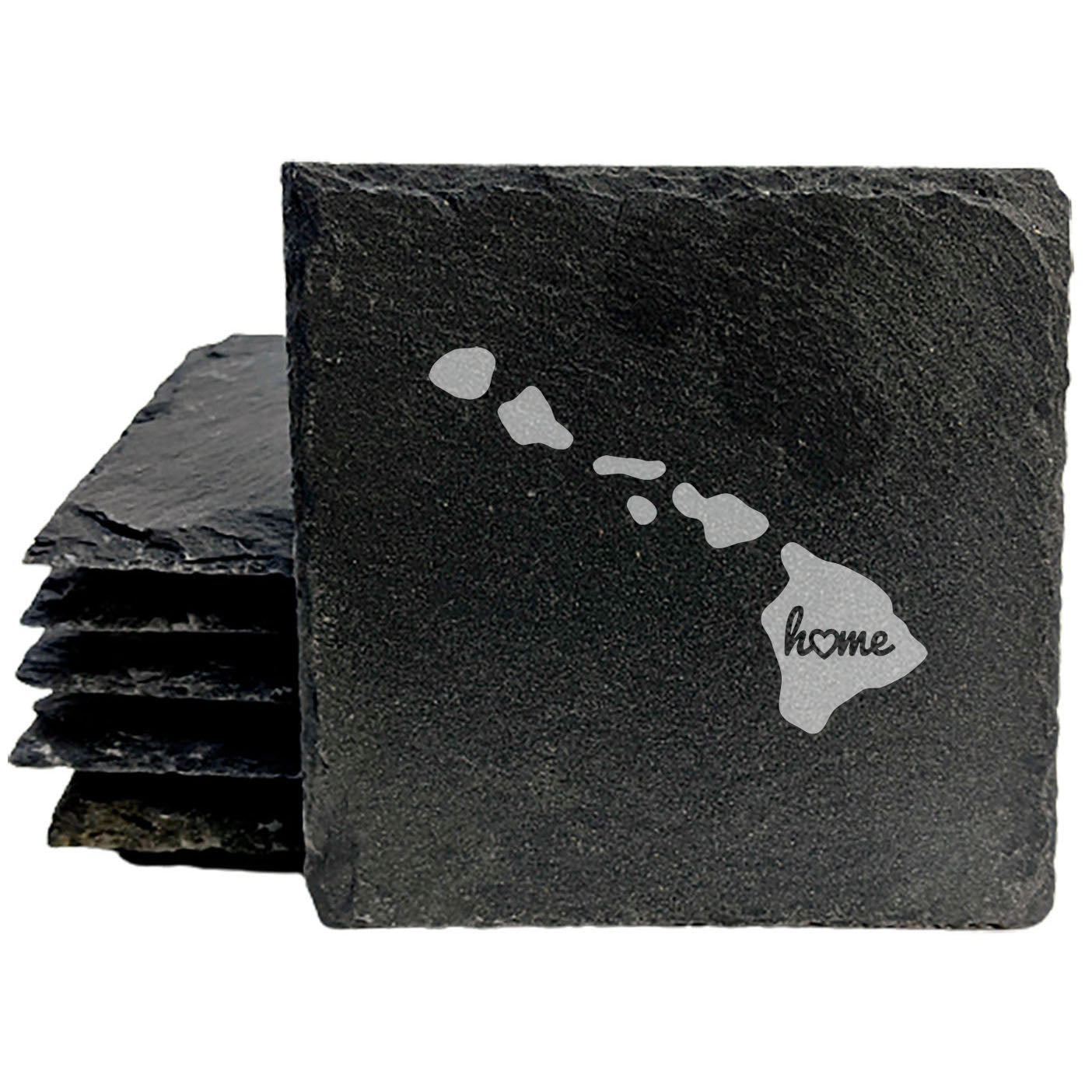 Rustic Slate Coasters Set of 4, Round 4" with Hawaii 'Home' Heart Design, Perfect for Holidays, Birthdays, Housewarming Gifts, She-Shed or Man Cave, Made in Oregon, USA, Natural Chipped Edge