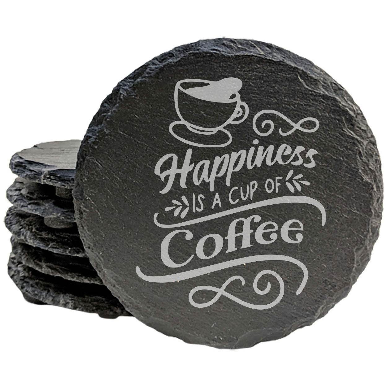 "Happiness is Coffee" Coasters: Inspirational Quote, Laser Etched Slate