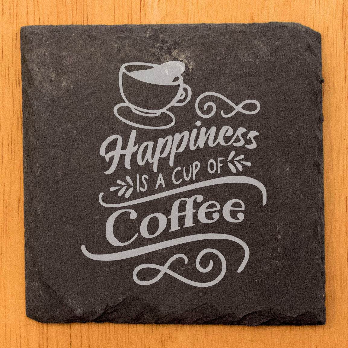"Happiness is Coffee" Coasters: Inspirational Quote, Laser Etched Slate