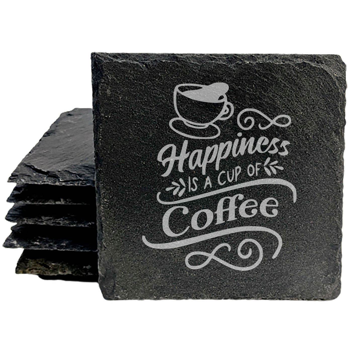 "Happiness is Coffee" Coasters: Inspirational Quote, Laser Etched Slate