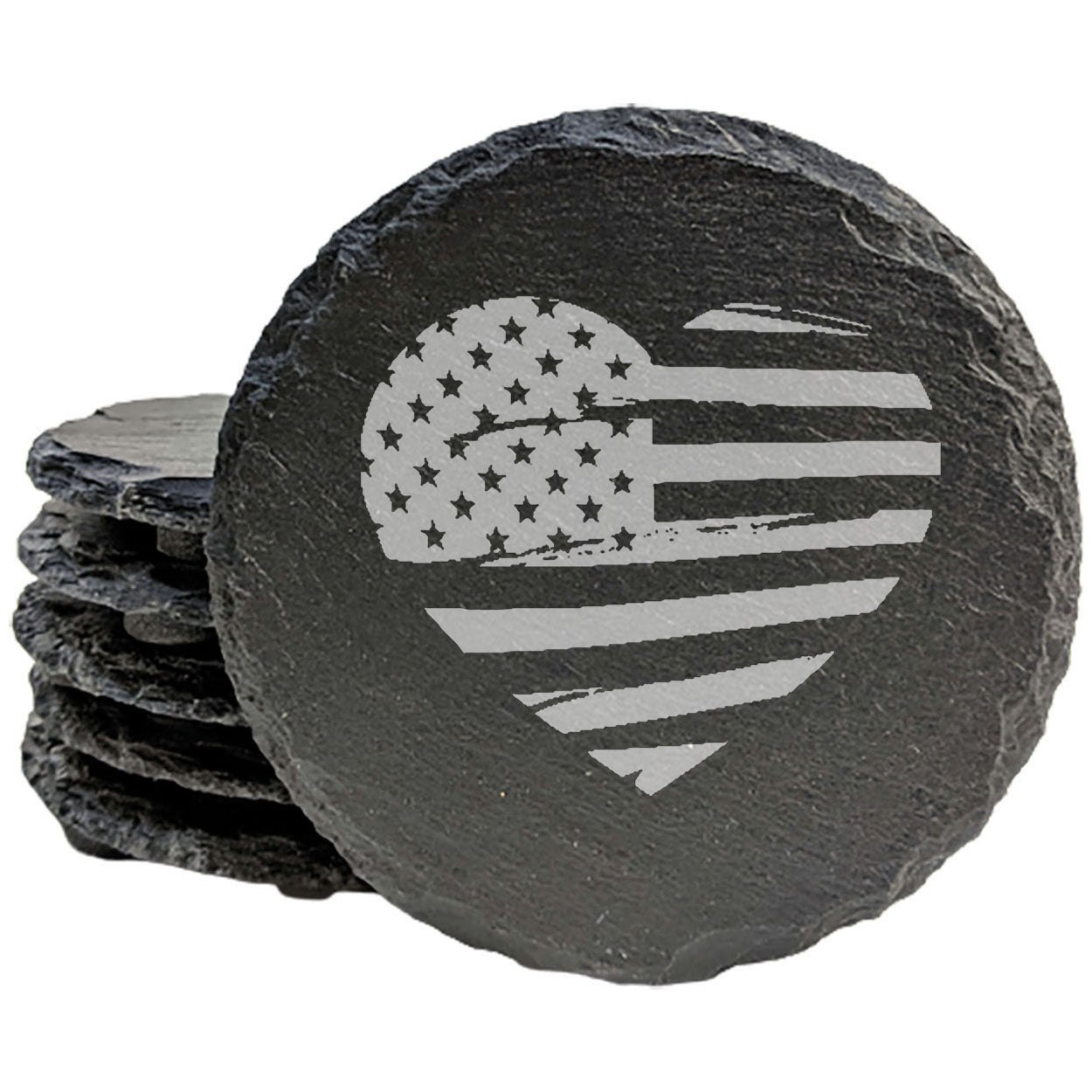 Rustic American Flag Coasters: Heart Shaped Design, Laser Etched Slate