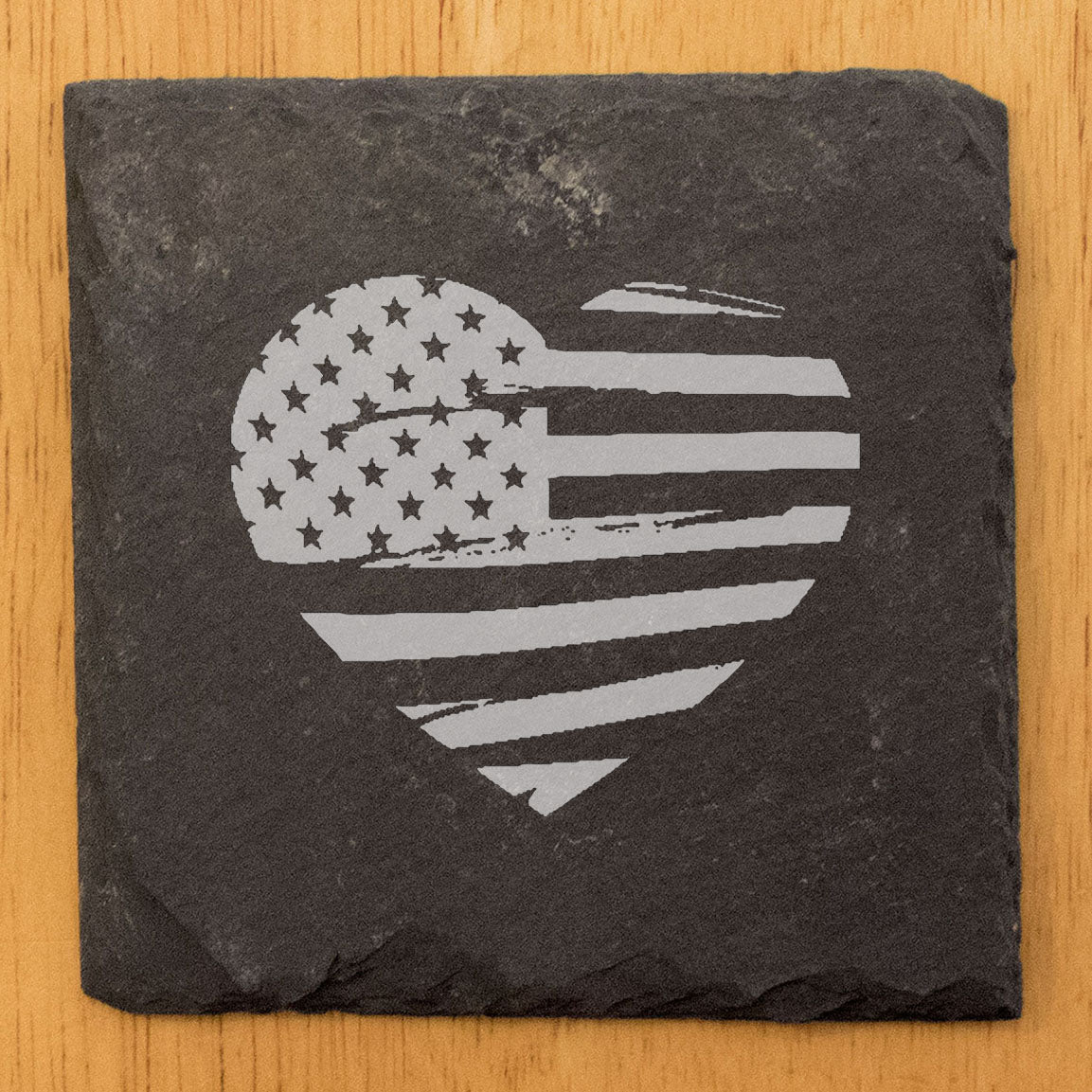 Rustic American Flag Coasters: Heart Shaped Design, Laser Etched Slate