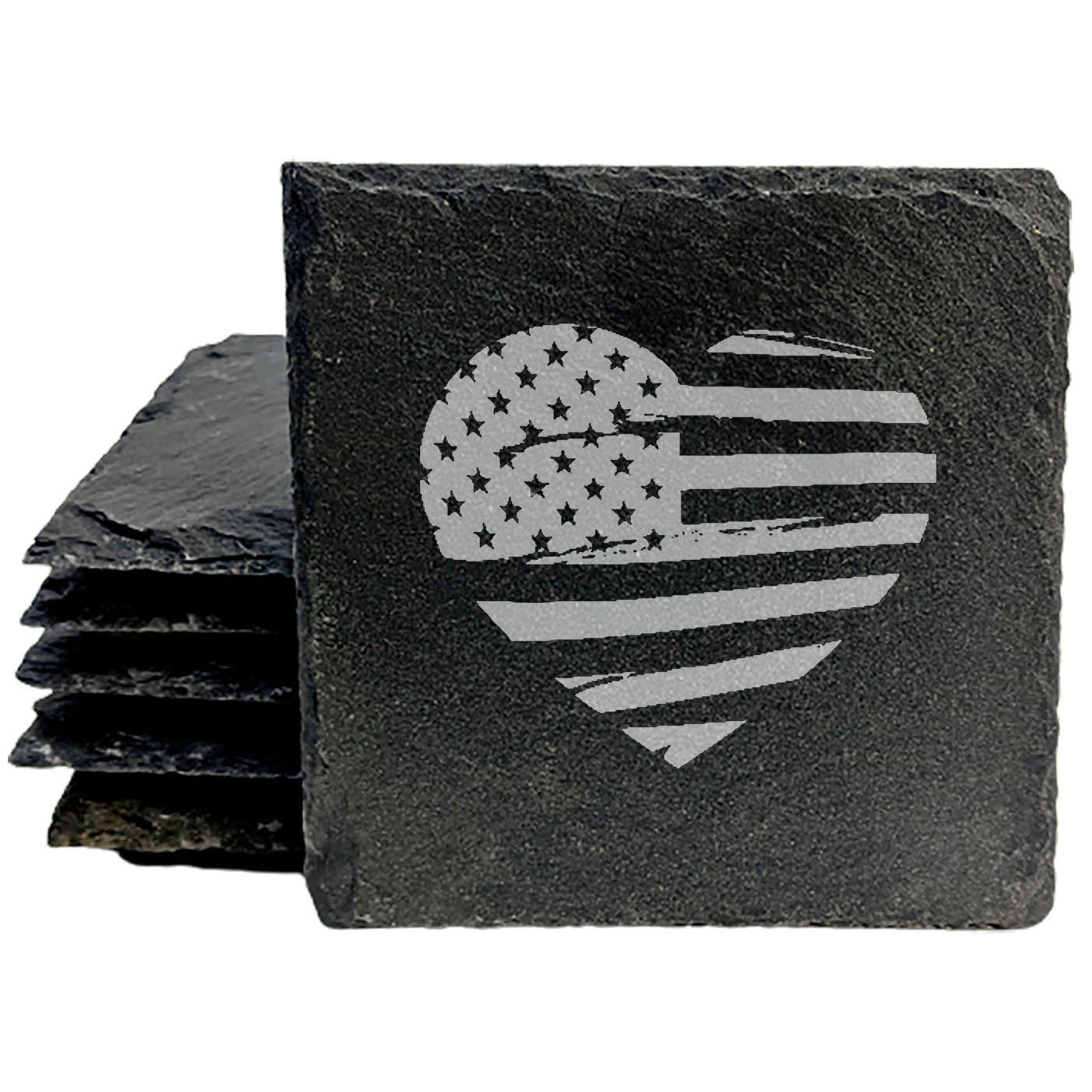 Rustic American Flag Coasters: Heart Shaped Design, Laser Etched Slate