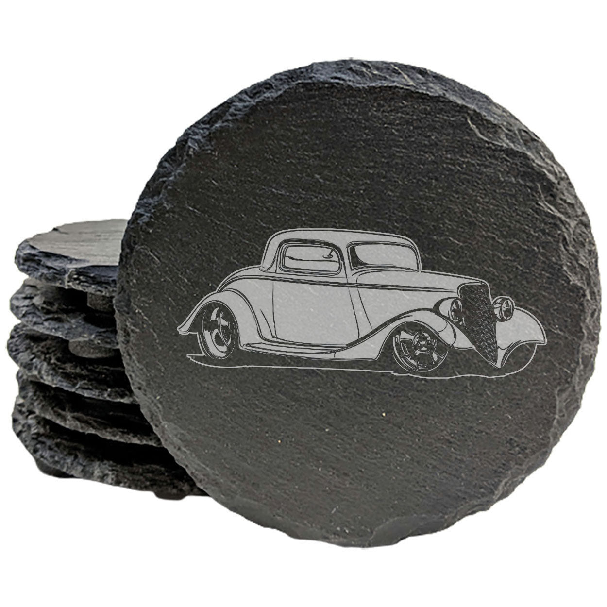 Premium Rustic Slate Coasters Set with Laser-Etched Hot Rod Coupe Design | Stylish Drink Coasters for Home Decor and Protection