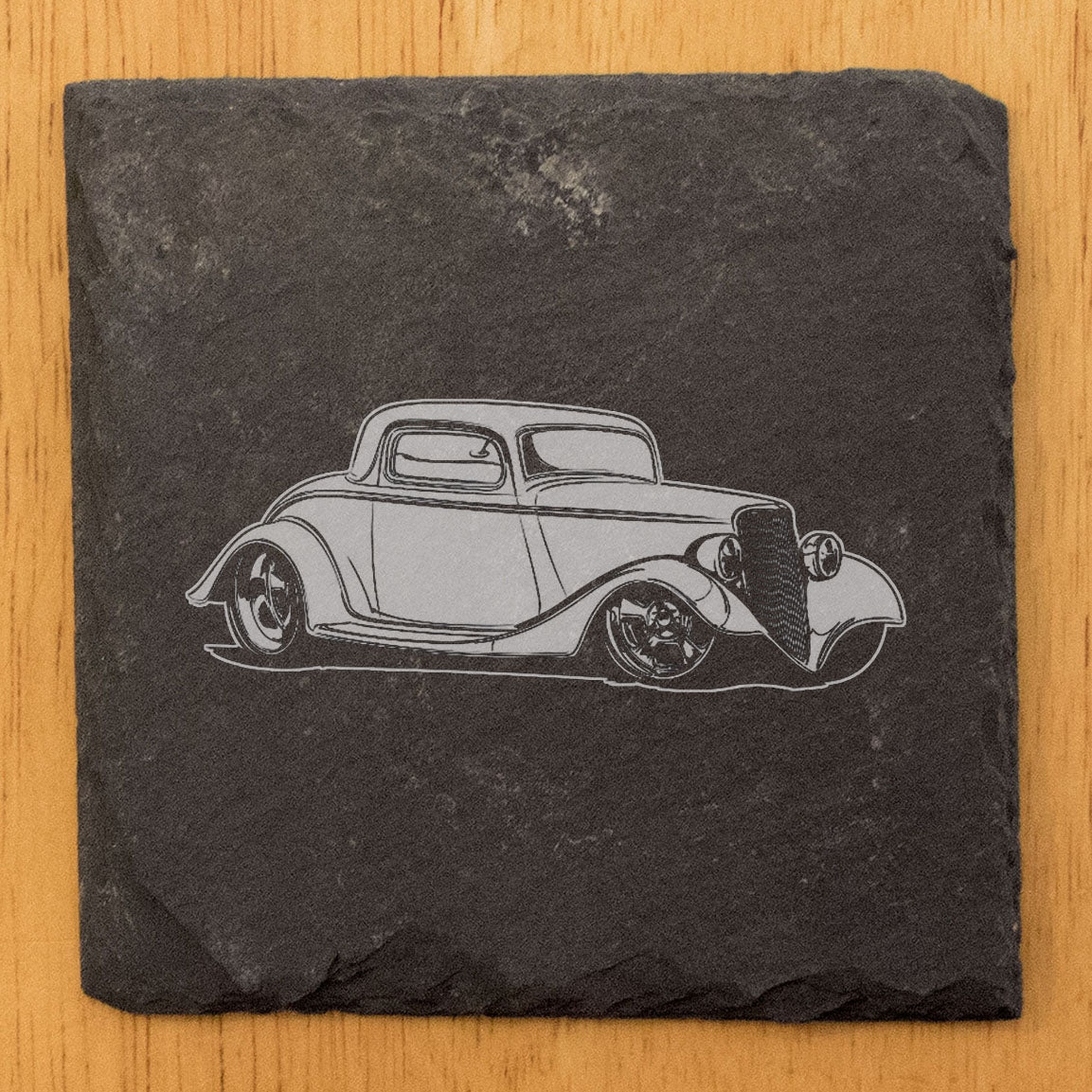 Premium Rustic Slate Coasters Set with Laser-Etched Hot Rod Coupe Design | Stylish Drink Coasters for Home Decor and Protection