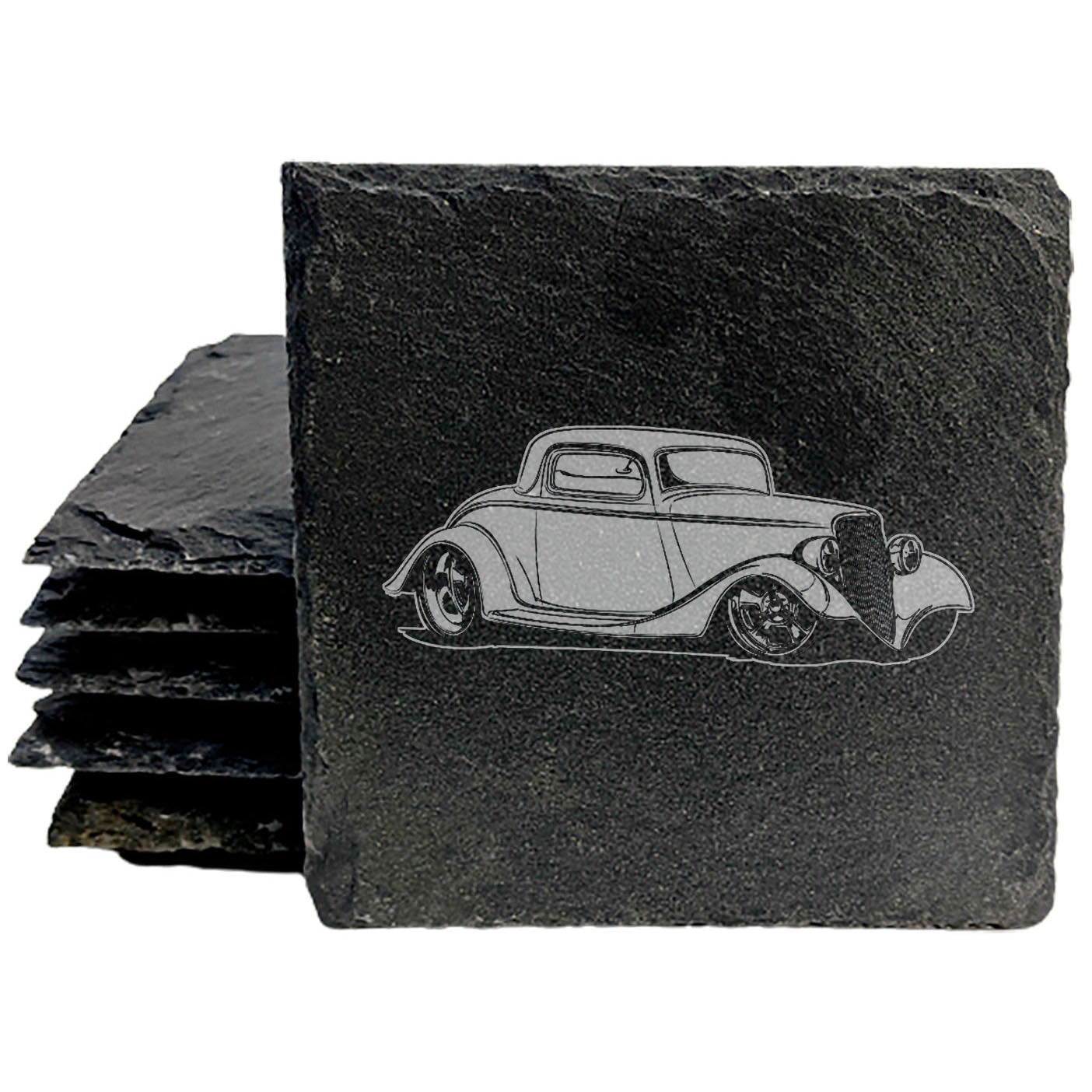 Premium Rustic Slate Coasters Set with Laser-Etched Hot Rod Coupe Design | Stylish Drink Coasters for Home Decor and Protection