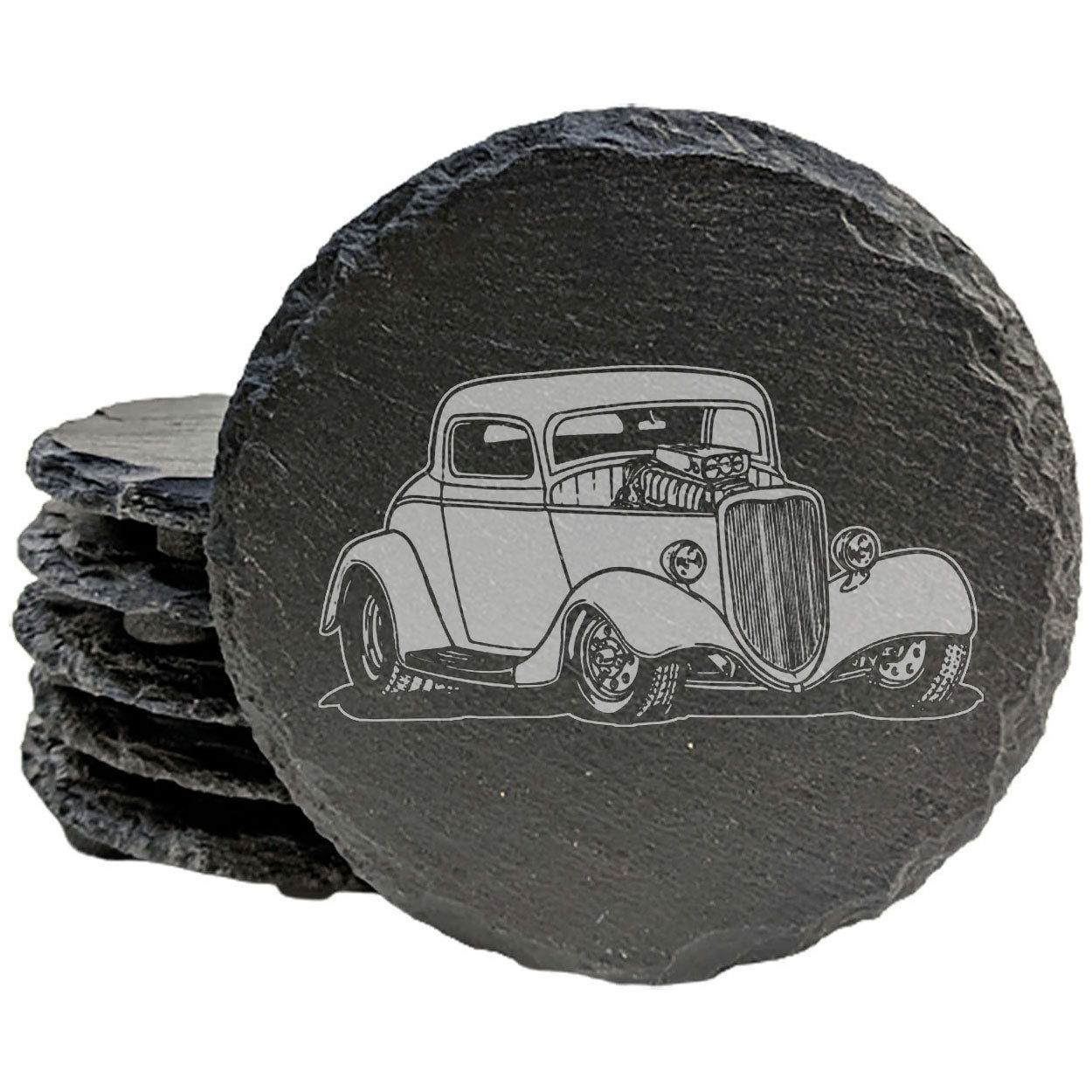 Premium Rustic Slate Coasters with Exquisite Laser-Etched Hot Rod Design | Elegant Home Decor and Unique Drinkware Protectors
