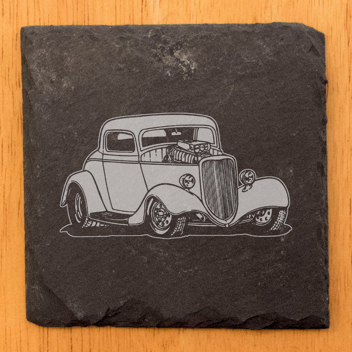Premium Rustic Slate Coasters with Exquisite Laser-Etched Hot Rod Design | Elegant Home Decor and Unique Drinkware Protectors