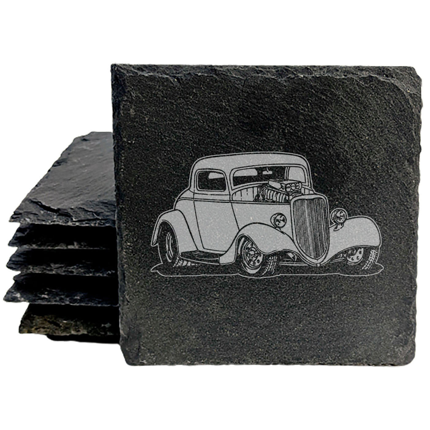 Premium Rustic Slate Coasters with Exquisite Laser-Etched Hot Rod Design | Elegant Home Decor and Unique Drinkware Protectors