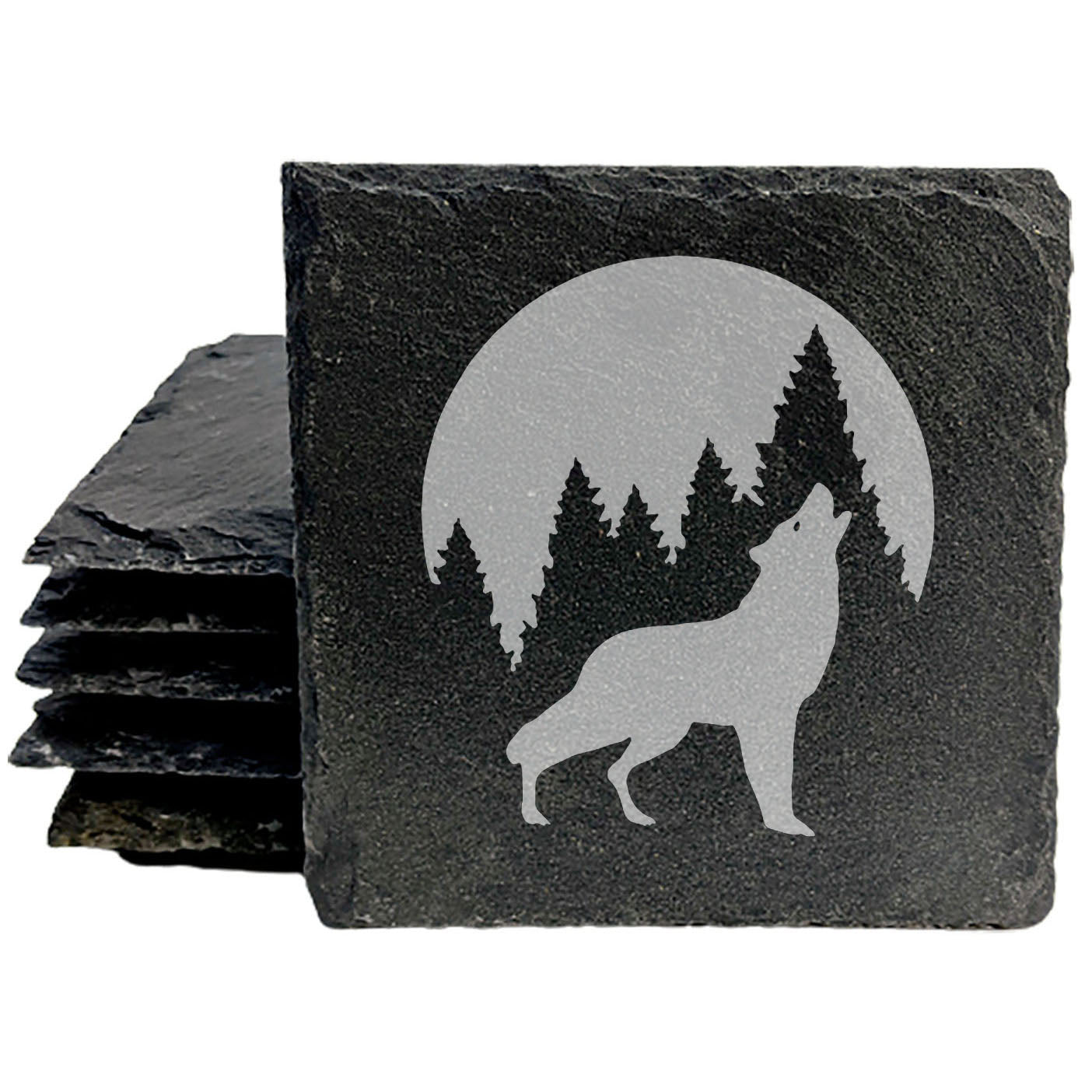 Howling Wolf Coasters: Rustic Slate with Laser Etched Design