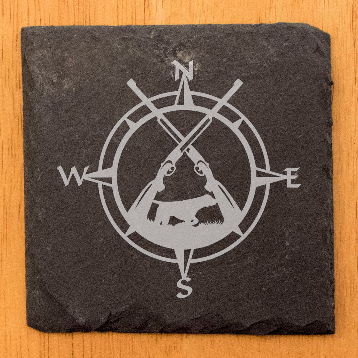 Hunting Enthusiast Coasters: Compass, Rifles & Dog - Rustic Slate